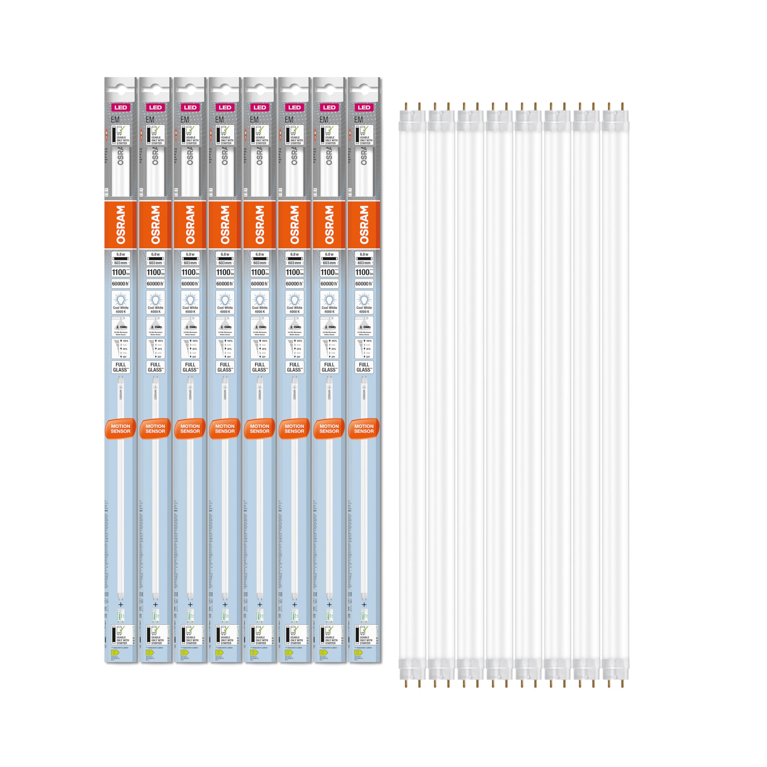 OSRAM Tubos LED de con sensor de microondas integrado para balastos electromagnéticos, 6.8 W, G13, tubo, dos, 4000 K, vidrio con protección de rotura, blanco frío, paquete 8-al igual