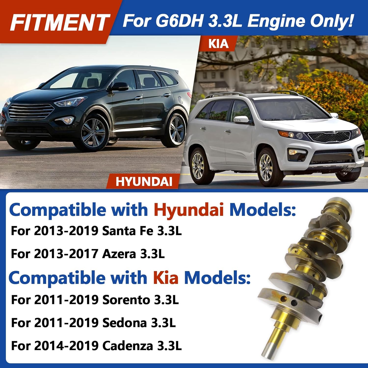 3.3L G6DH Engine Rebuild Overhaul Kit Fit for 2013-2019 Hyundai Santa Fe Azera, for 2011-2019 Kia Sorento Sedona Cadenza, With Crankshaft Connecting Rod & Piston Head Gasket Set 23510-3L100