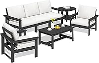 SERWALL 7-Piece HDPE Outdoor Sectional Sofa Set - All-Weather Patio Furniture with Thick Cushions, Black Frame Khaki Seats for Deck Lawn