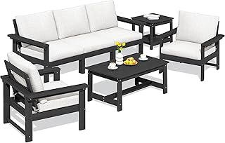 SERWALL HDPE Patio Furniture Set, 7-Piece Outdoor Sectional Sofa Set, All Weather Outdoor Couch Set for Deck, Lawn, Black Frame with Khaki Cushion