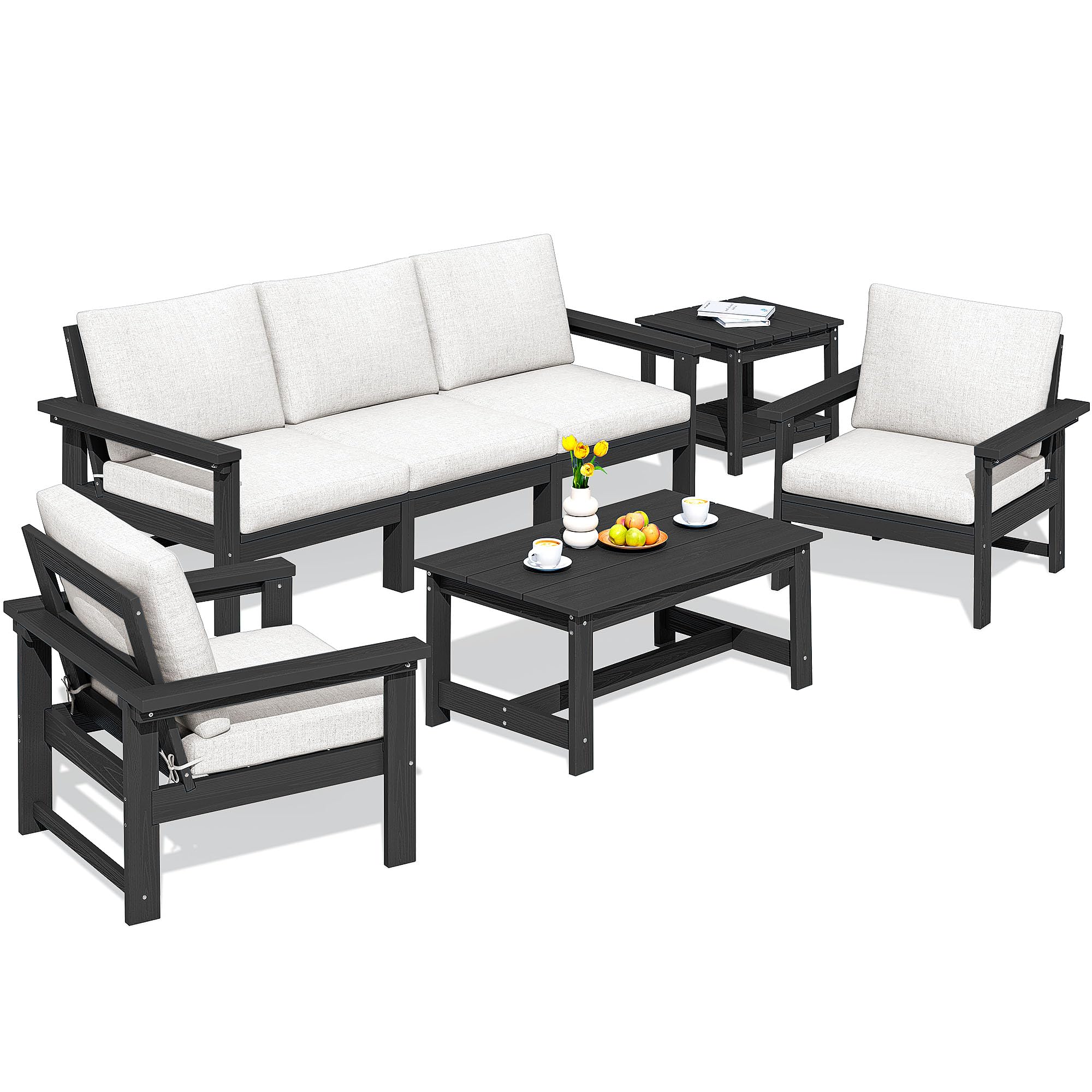 SERWALL HDPE Patio Furniture Set, 7-Piece Outdoor Sectional Sofa Set, All Weather Outdoor Couch Set for Deck, Lawn, Black Frame with Khaki Cushion