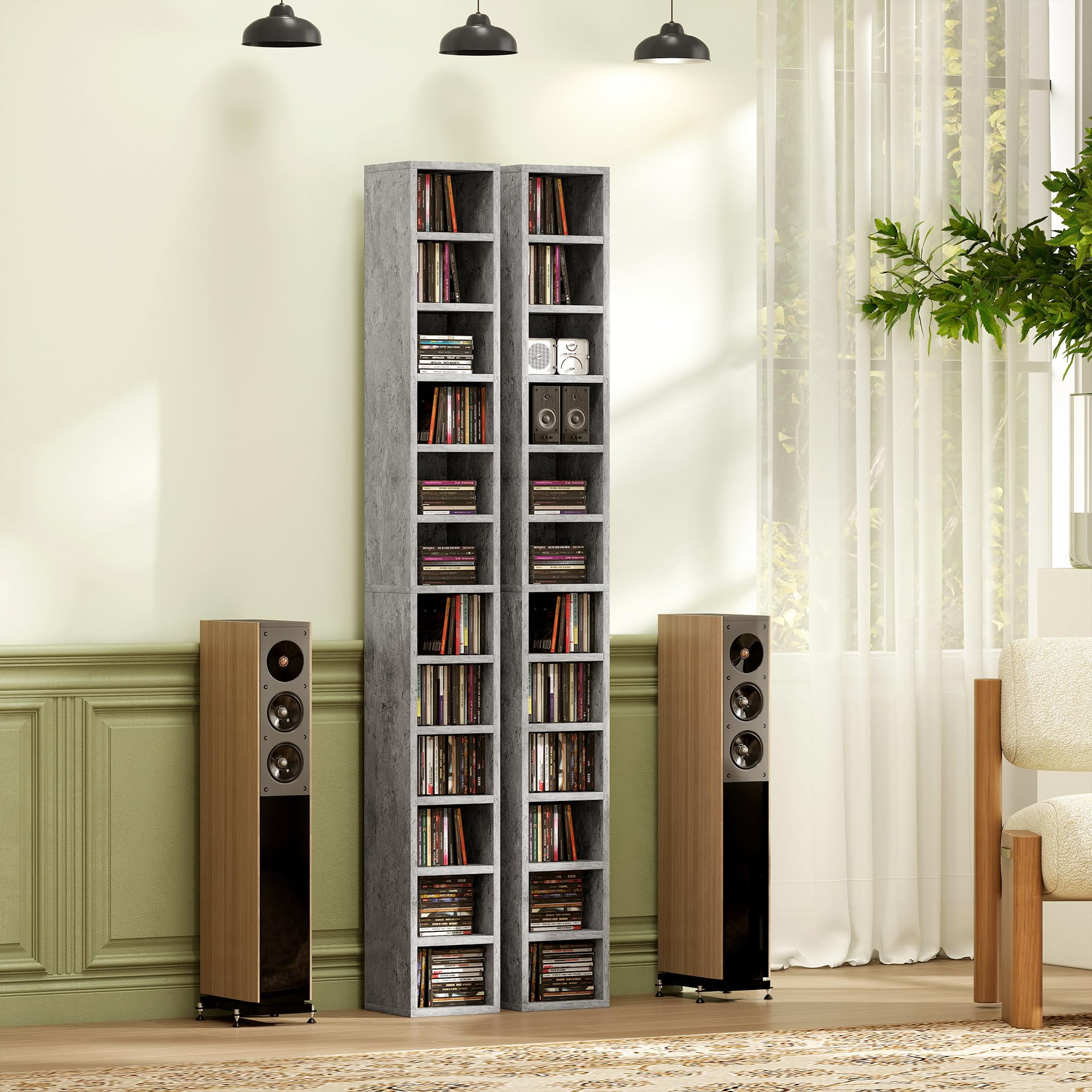 HOMCOM CD-Möbel mit 12 Ebenen, Regal für 204 CDs, platzsparend, für Wohnzimmer, Schlafzimmer, Büro, 21 x 20 x 175 cm, Zementgrau