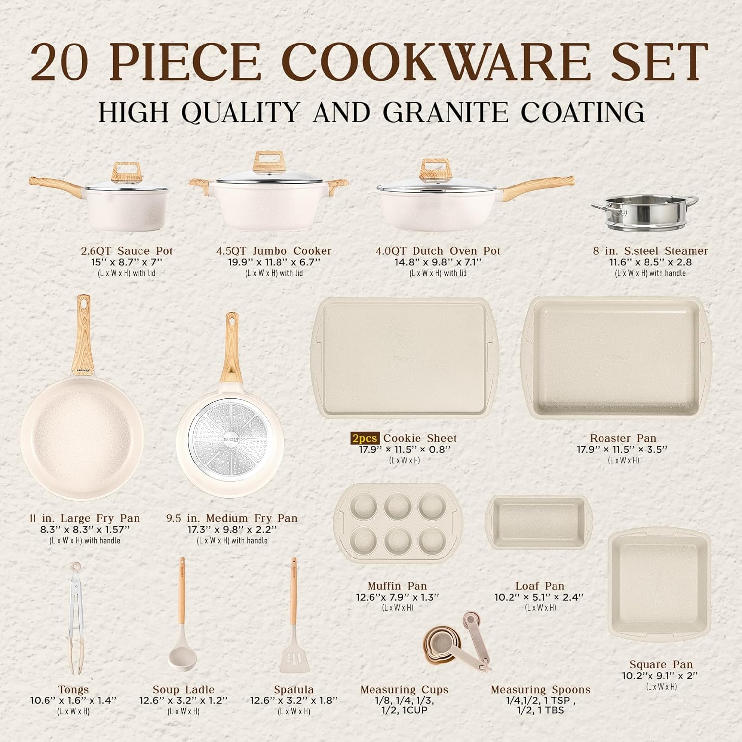 Diagram of all 20 pieces included in the Bakken-Swiss Cookware Set with dimensions