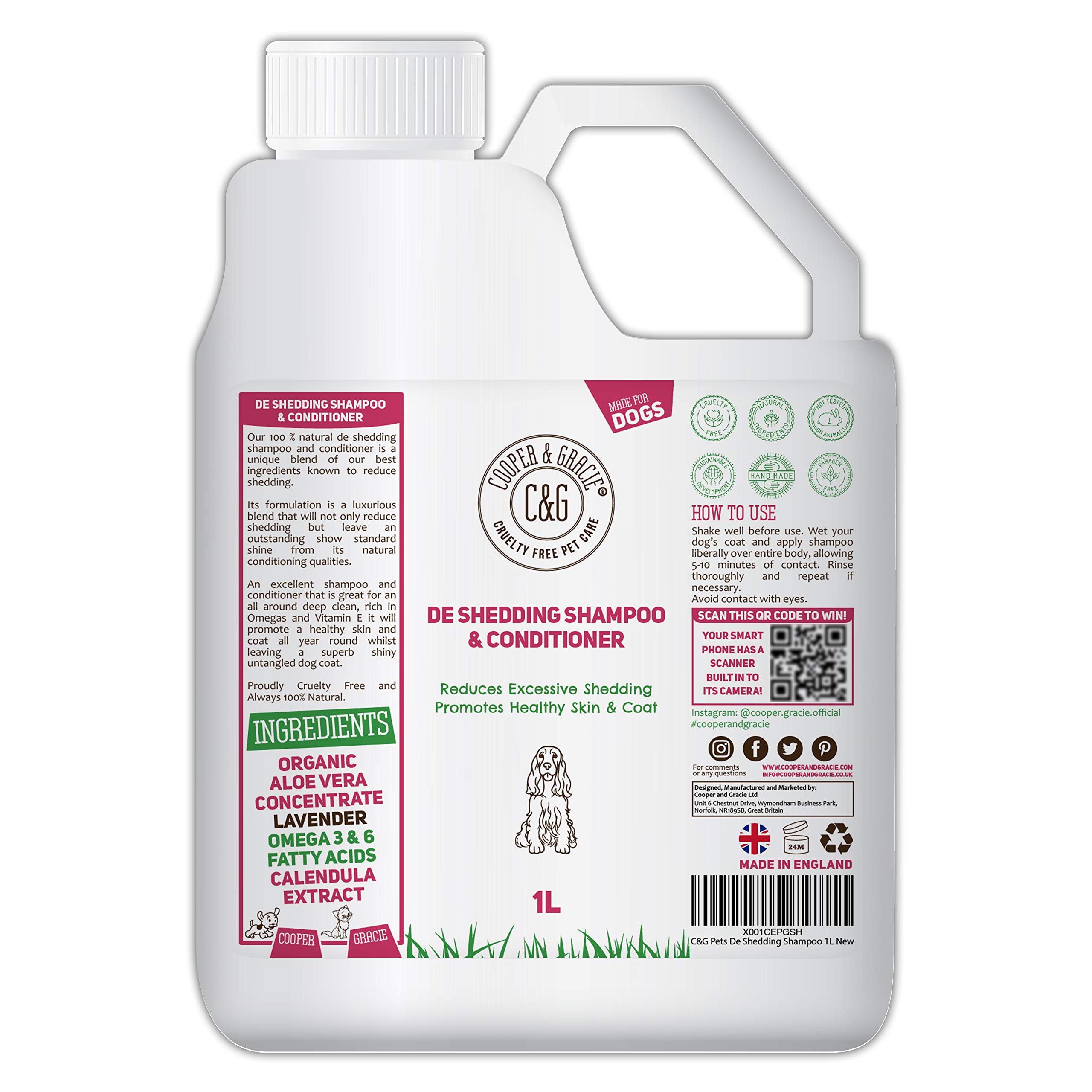 C&G Pets | De Shedding Shampoos & Conditioners für Hunde, 1 Liter, reduziert übermäßiges Ausfallen, fördert gesunde Haut und Fell, 100% natürliches Hundeshampoo und Conditioner, Standard-Glanz, Weiß