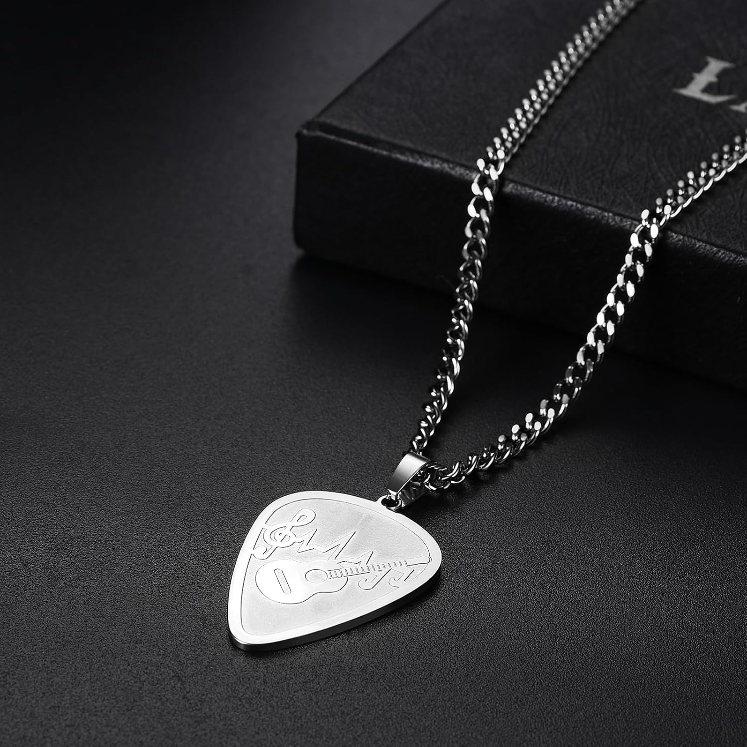Skull Guitar Pick Necklace for Men: Stainless Steel Punk Rock Musical Pick Holder Pendant Jewelry Gift for Guitar Players - Image 5