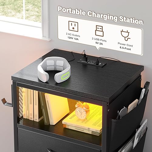 Miniatura 5 de Cómoda para dormitorio con estación de carga y luces LED, 4 cajones con bolsillos laterales, aparadores y cómodas, unidad organizadora de cómoda de