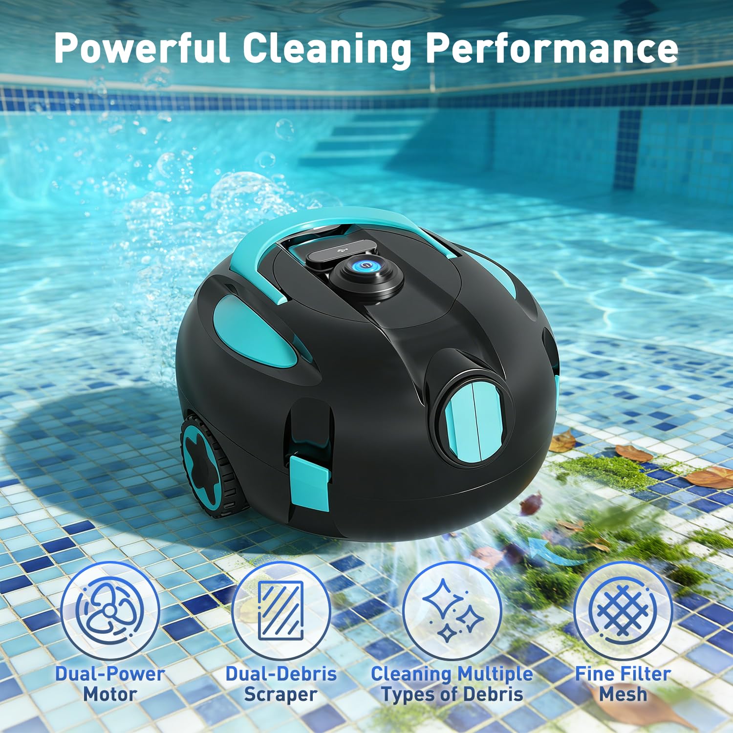 KKI Poolroboter,Automatischer Kabelloser Poolreiniger, 130 Min. Laufzeit, Leichtgewicht Poolroboter, bis zu 65 ft/1100 qm (Rad)