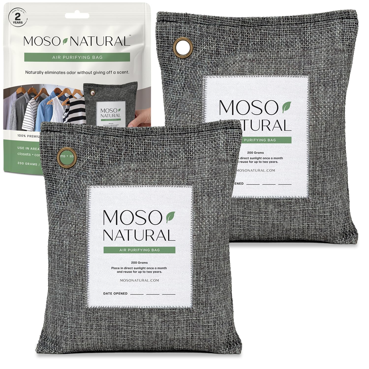 Sponsored Ad - MOSO NATURAL Air Purifying Bag 200g (2 Pack) A Scent Free Odor Eliminator for Cars, Closets, Bathrooms, Pet Areas. Premium Moso Bamboo. (Charcoal Grey), Long Lasting Charcoal Bags|Lasts up to 2 years!