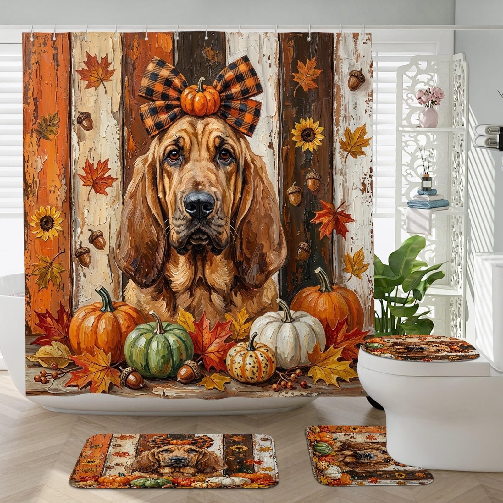 Décoration de salle de bain en bois de ferme d'automne avec grand rideau et tapis en U assortis