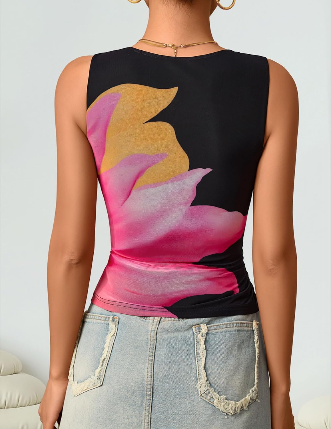 ZESICA Women's 2026 Summer Sleeveless Floral Tank Tops Mesh Y2K Crop Going Out Outfits Beach Vacation Trendy Clothes - Image 5