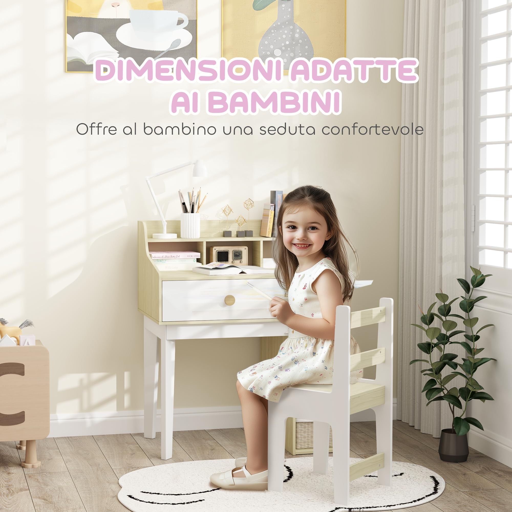 AIYAPLAY Set Scrivania per Bambini di 3-10 Anni e Sedia in MDF, Banco Scuola per Bambini con Ripiani Portaoggetti e Cassetto, Bianco e Legno