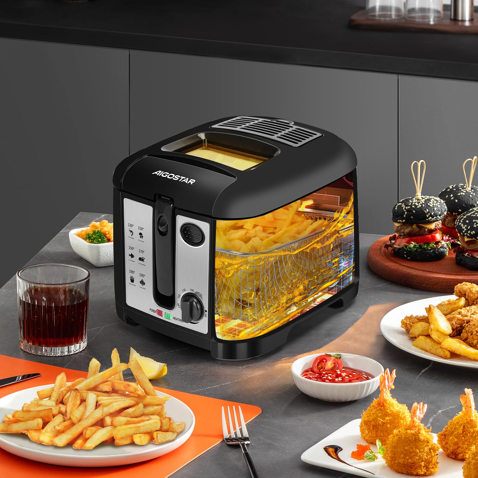 Aigostar Olivia - Freidora con capacidad de 2,5 L, 1650 W, libre de BPA, con ventana transparente, control de temperatura e indicador, negra