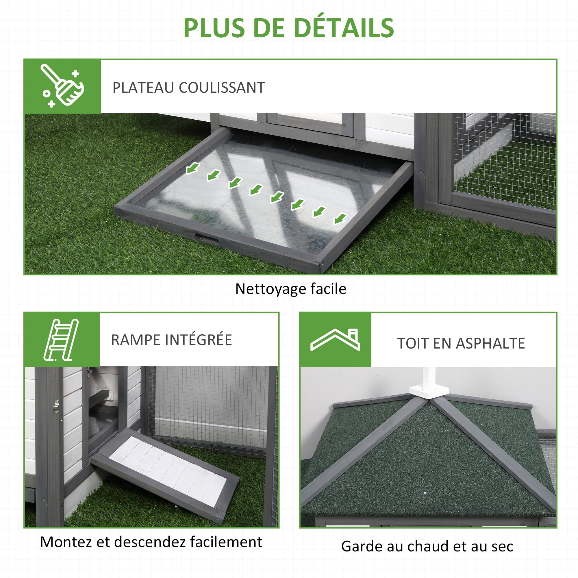 PawHut Poulailler Cottage Multi-équipement perchoir Rampe pondoir enclos tiroir à déjection 196L x 76l x 97H cm Bois Massif pin Gris Blanc