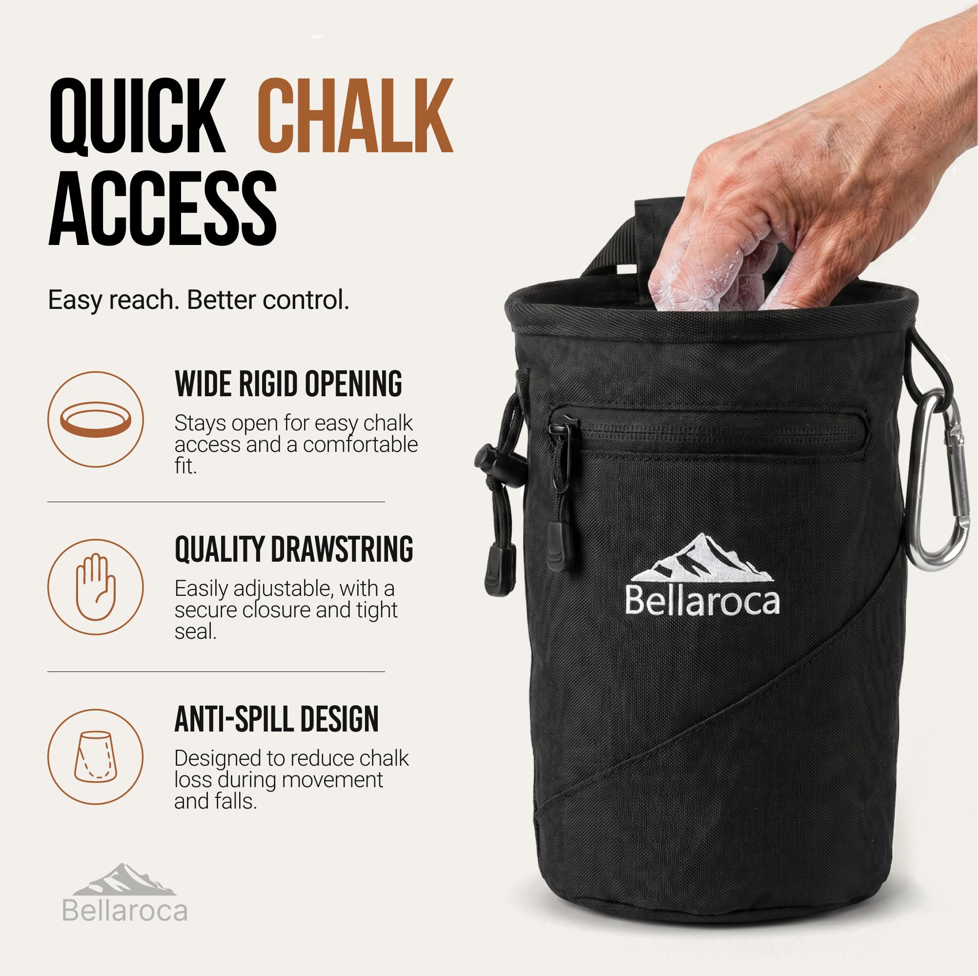 BELLAROCA® | Borsa per Magnesite da Arrampicata | Sacca Magnesite Impermeabile e Resistente all'Abrasione con 2 Tasche Grandi e Moschettone – Chalk Bag per Boulder, Palestra e Outdoor