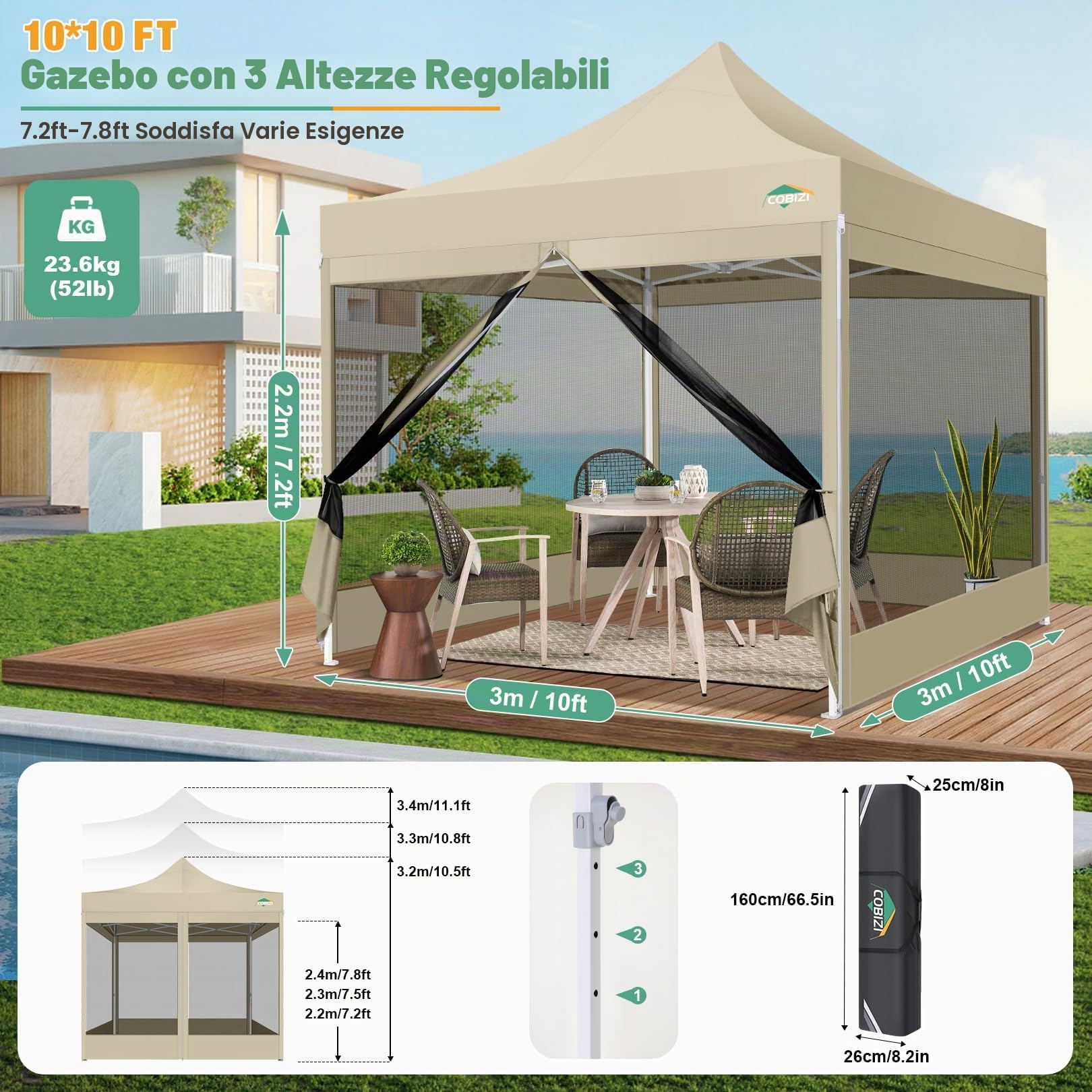 COBIZI Gazebo 3x3 Pieghevole Impermeabile, Esterno Resistente con Zanzariera Parete Laterale,Tende per Gazebo,Tendone Padiglione Pop Up per Feste Campeggio con Borsa(3 per 3m Cachi)