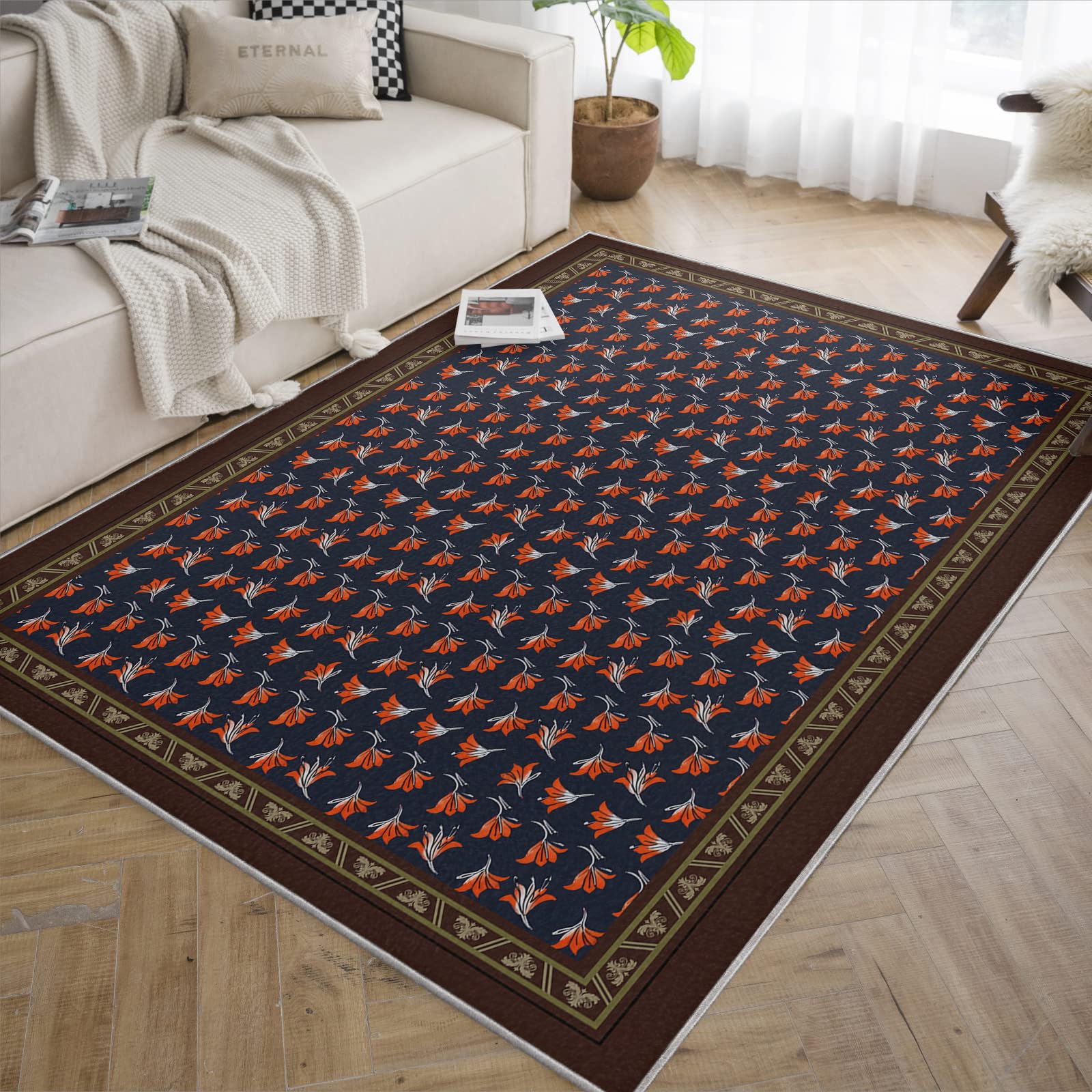 Tapis bleu marine et orange 160x230 cm lavable grand format moquette poils raser salon chambre
