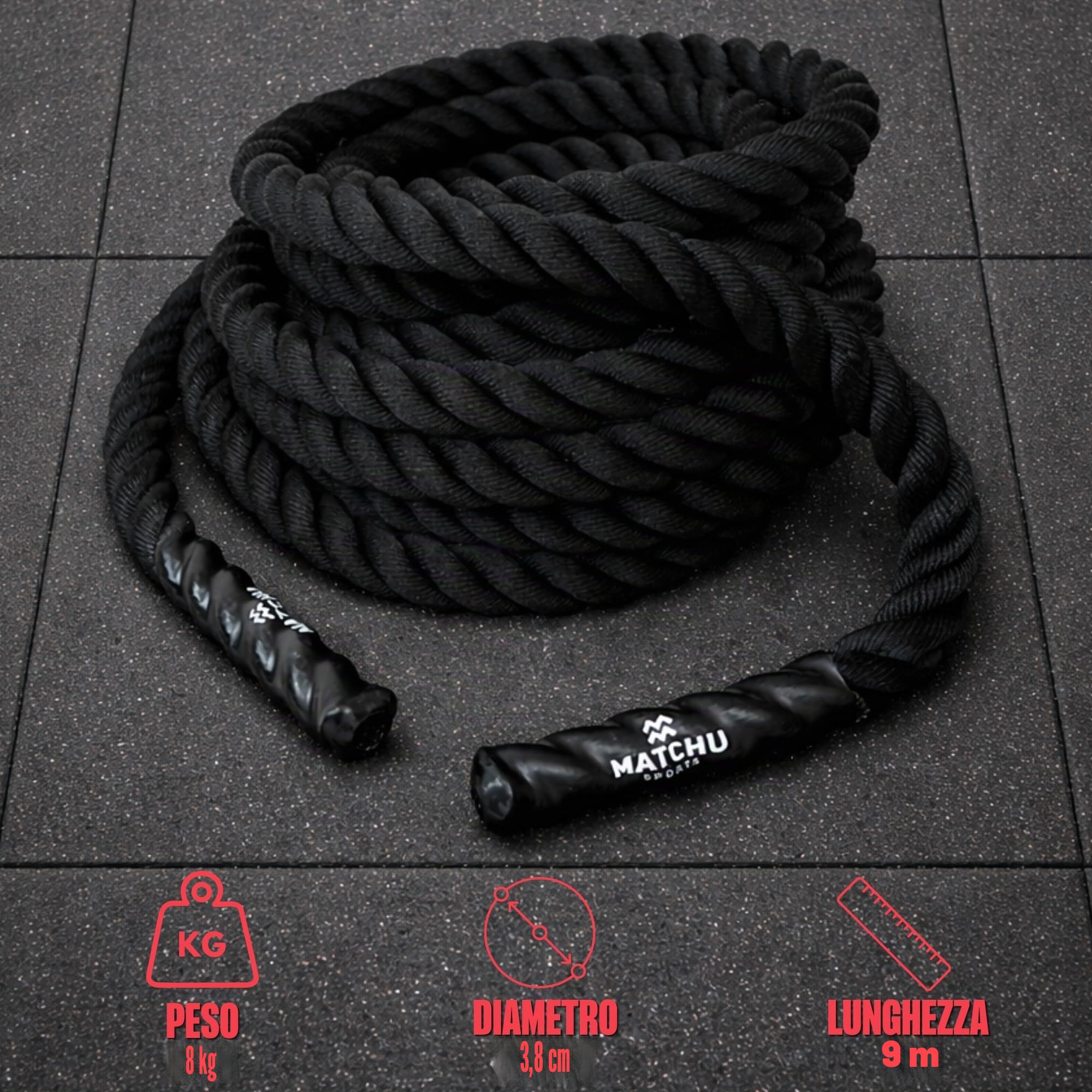 MATCHU | Battle Rope | Corda fitness | 9 m x 38 mm | Poliestere tessuto | 8 kg | Nero