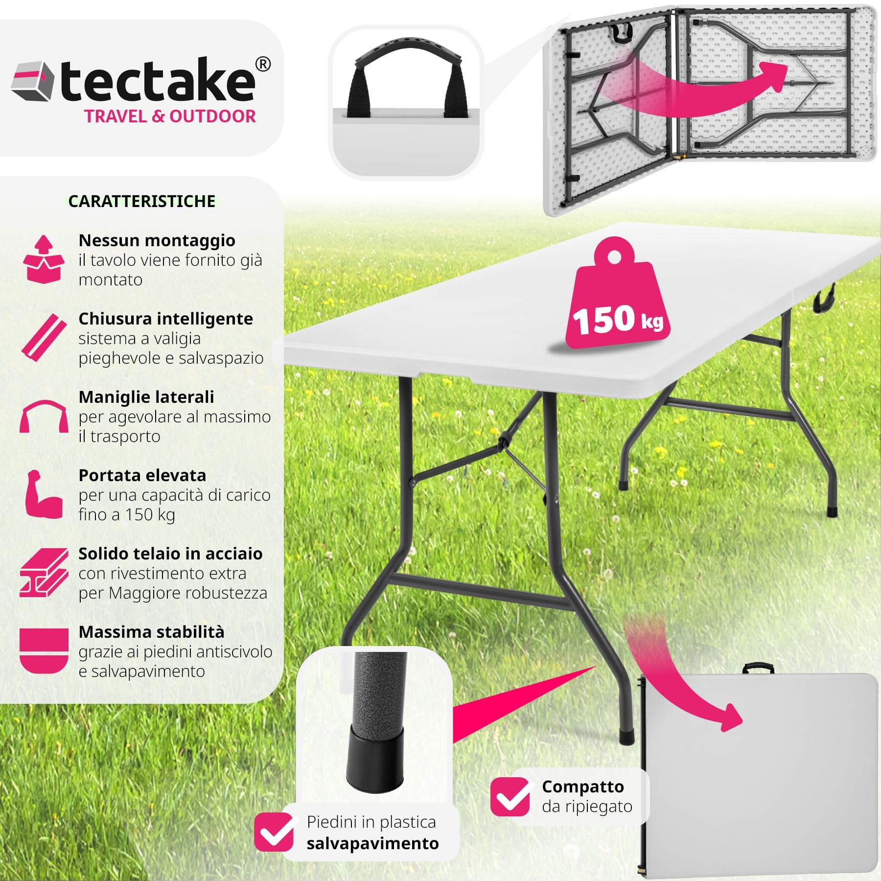 tectake® Tavolo da Campeggio Pieghevole con Maniglia, Tavolo Salvaspazio, Tavolo da Giardino con Base in Acciaio, Tavolino Portatile, Resistente alle Intemperie, 183 x 76 x 74 cm - Bianco