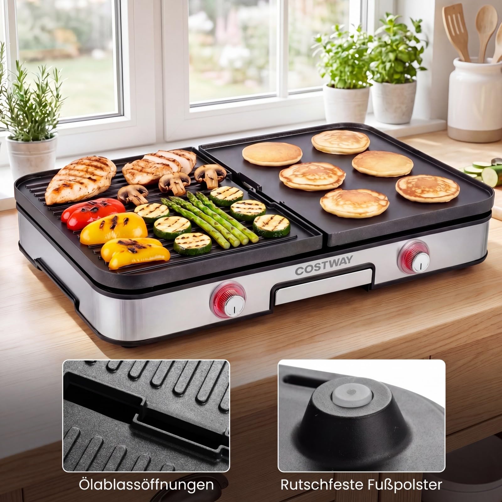 COSTWAY Tischgrill elektrisch, 2000W Elektrogrill mit Spritzschutz, 2 Thermostate, 6 Temperatureinstellungen & Auffangschale, kompakter Plattengrill für drinnen & draußen