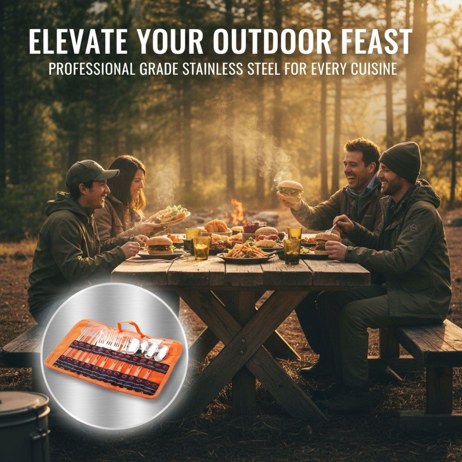 4er Outdoor-Besteckset aus 430 Edelstahl, tragbares Campingbesteck, Faltbarer Travel-Picnic-Beutel im Ethno-Look, 90 x 245 mm, für BBQ, Picknick und Wandern, inkl. Gabeln, Löffeln, Essstäbchen