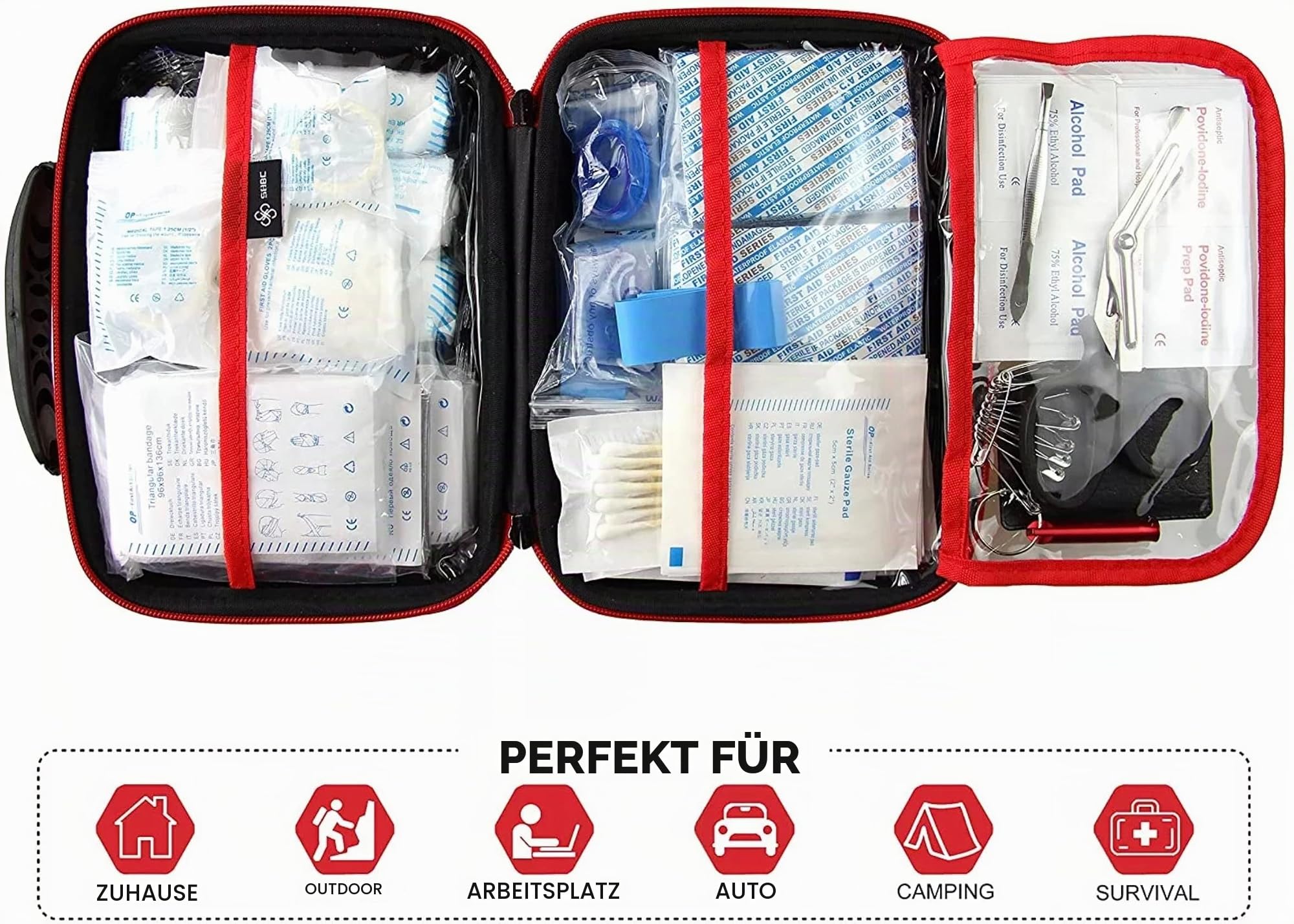Kleines Erste-Hilfe-Set |220 PCS Wesentlich Notfall Traumamedizinische Versorgung | Verpackt in einer roten wasserdichten Box | Perfekt für Auto, Heimbüro, Reisen, Reisen im Freien