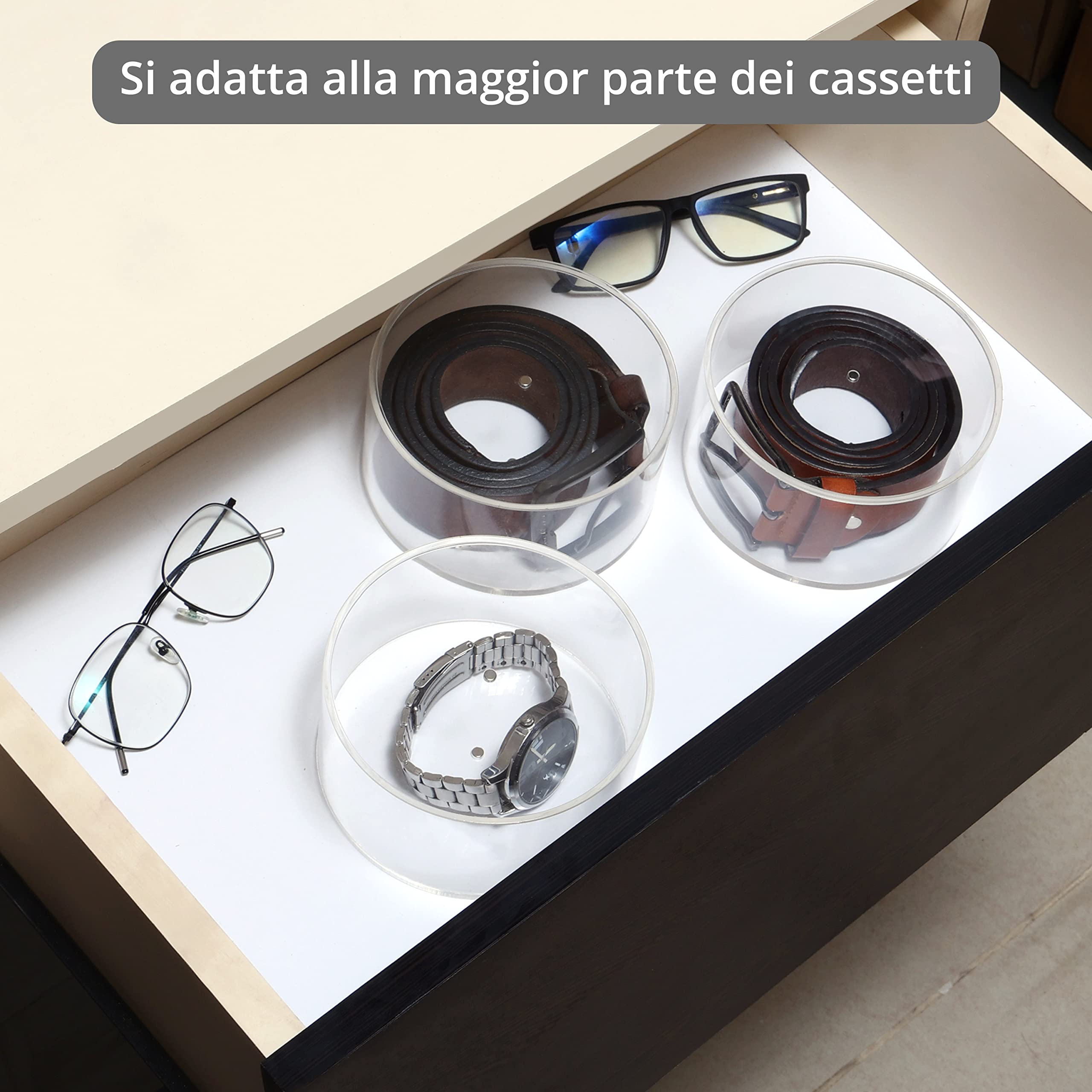 Organizer Cinture a 3 Livelli - Porta Cinture Trasparente Rotondo con Coperchi Magnetici - Organizer Trasparente in Plastica Impilabile - Espositore Cinture, Gioielli, Porta Orologi Uomo, Trucchi