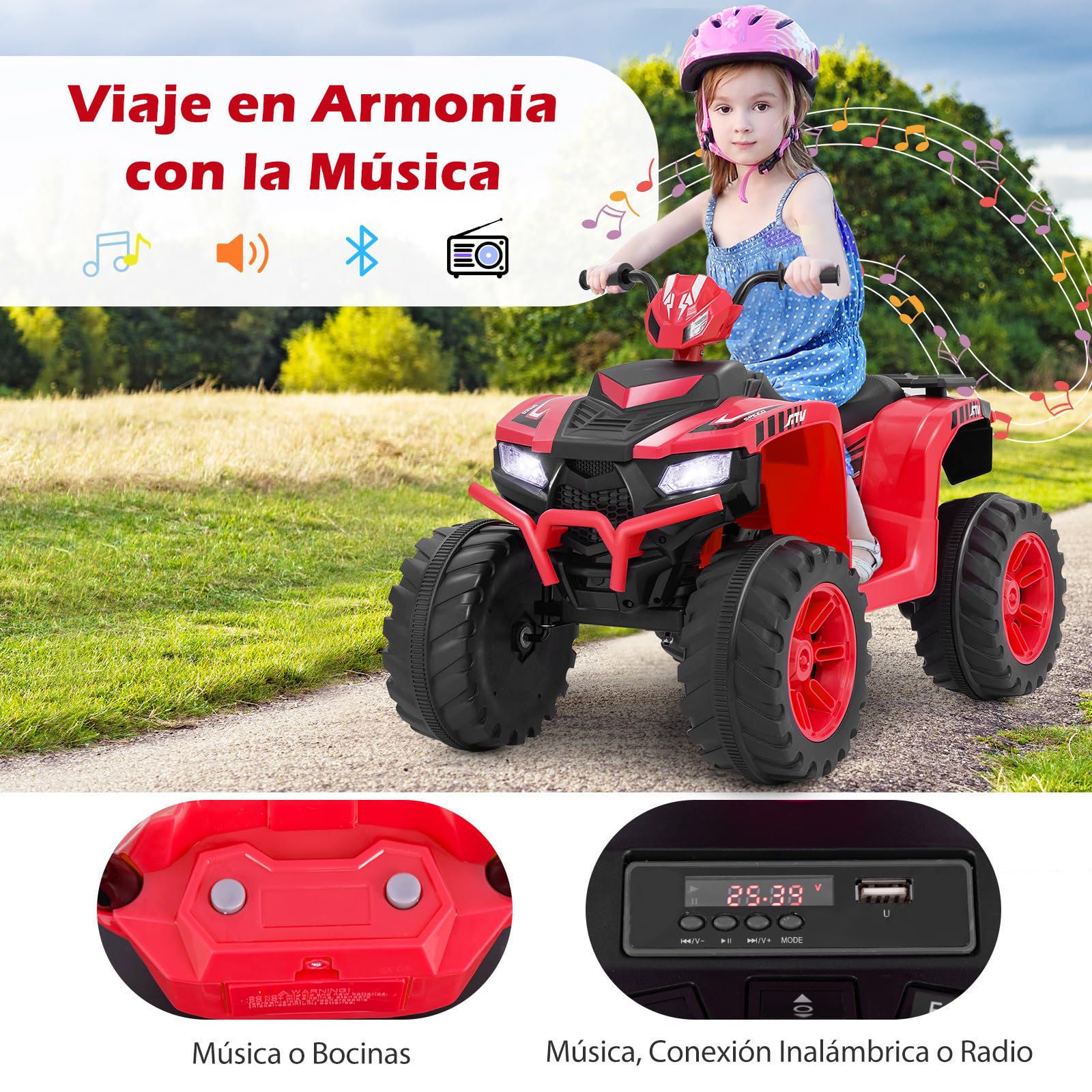 GOPLUS Quad Eléctrico ATV 24 V, Juguete de 4 Ruedas con Luces LED, Coche para Niños con Conexión Inalámbrica, Música, Radio, con Velocidad Baja y Arranque Suave para Niños de 3 A 8 Años, Negro (Rojo)