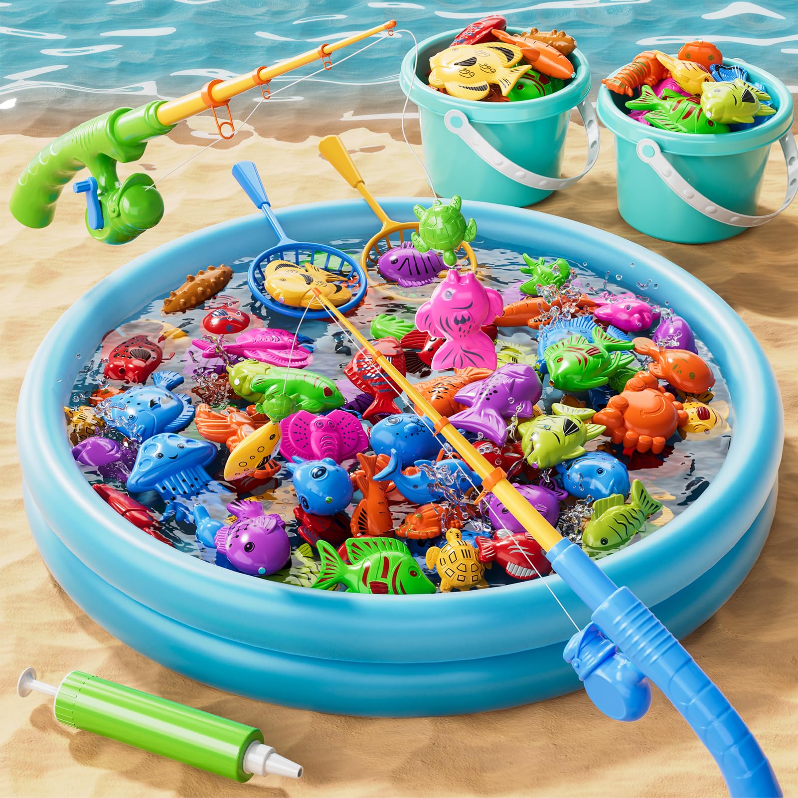 60 Pcs Magnetic Fishing Pool Toys Game for Kids Toddlers Fishing Water Table Bathtub Toy with Inflatable Pool