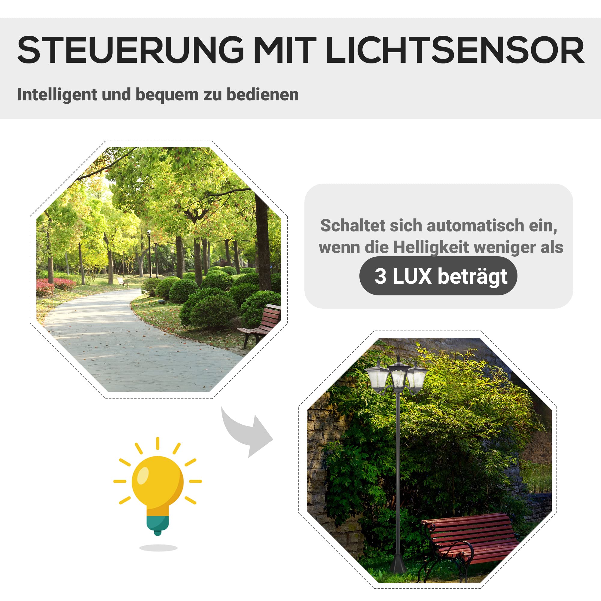 Outsunny Solar Gartenlaterne 3 flammig Edelstahl LED 120 Lumen 51,5x47x182,5cm IP44 Schwarz