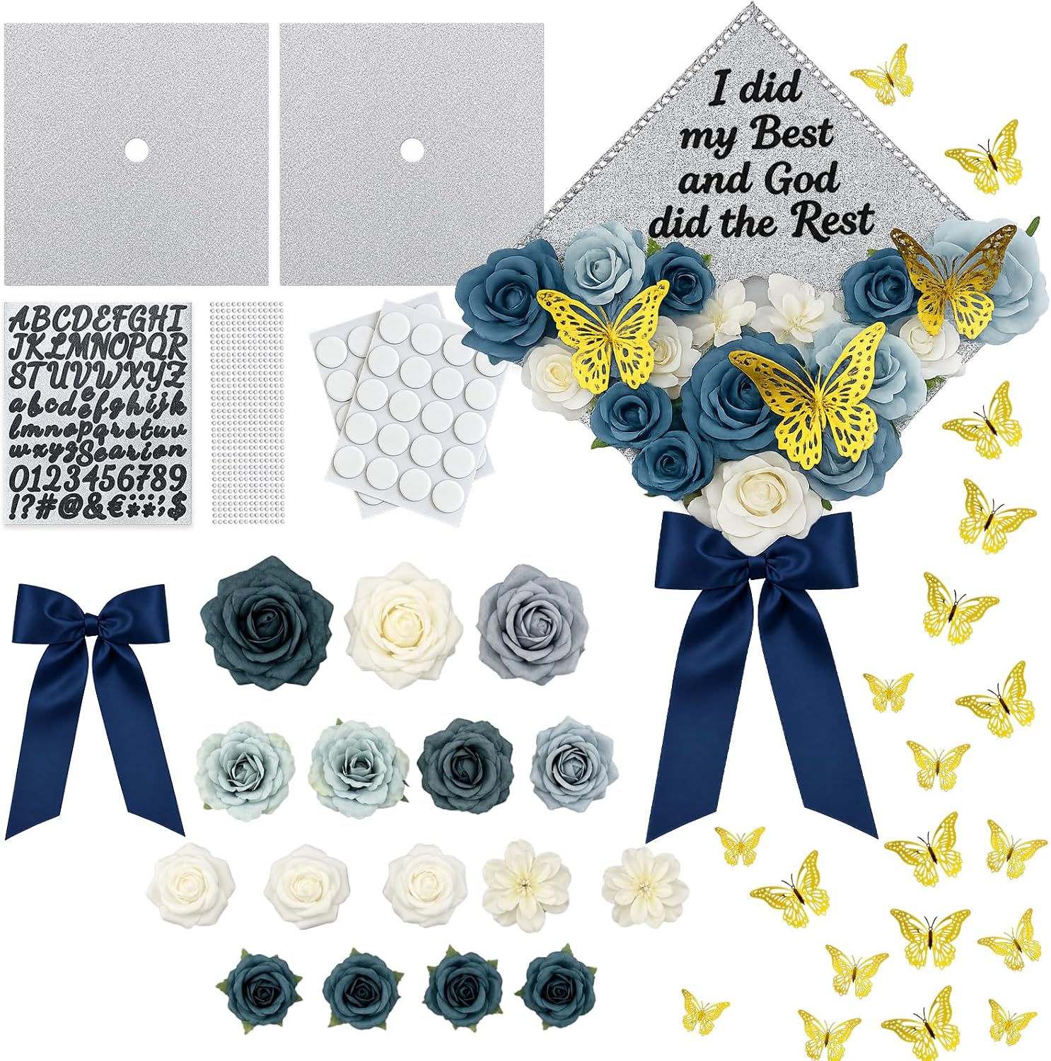 YIXAXKAO DIY Graduation Cap Decorations Kit Graduation Cap Topper Included Faux Rose Flower Heads 3D Butterfly Glitter Letter Stickers Grad Cap Decorations with Graduation Bow (Silver)