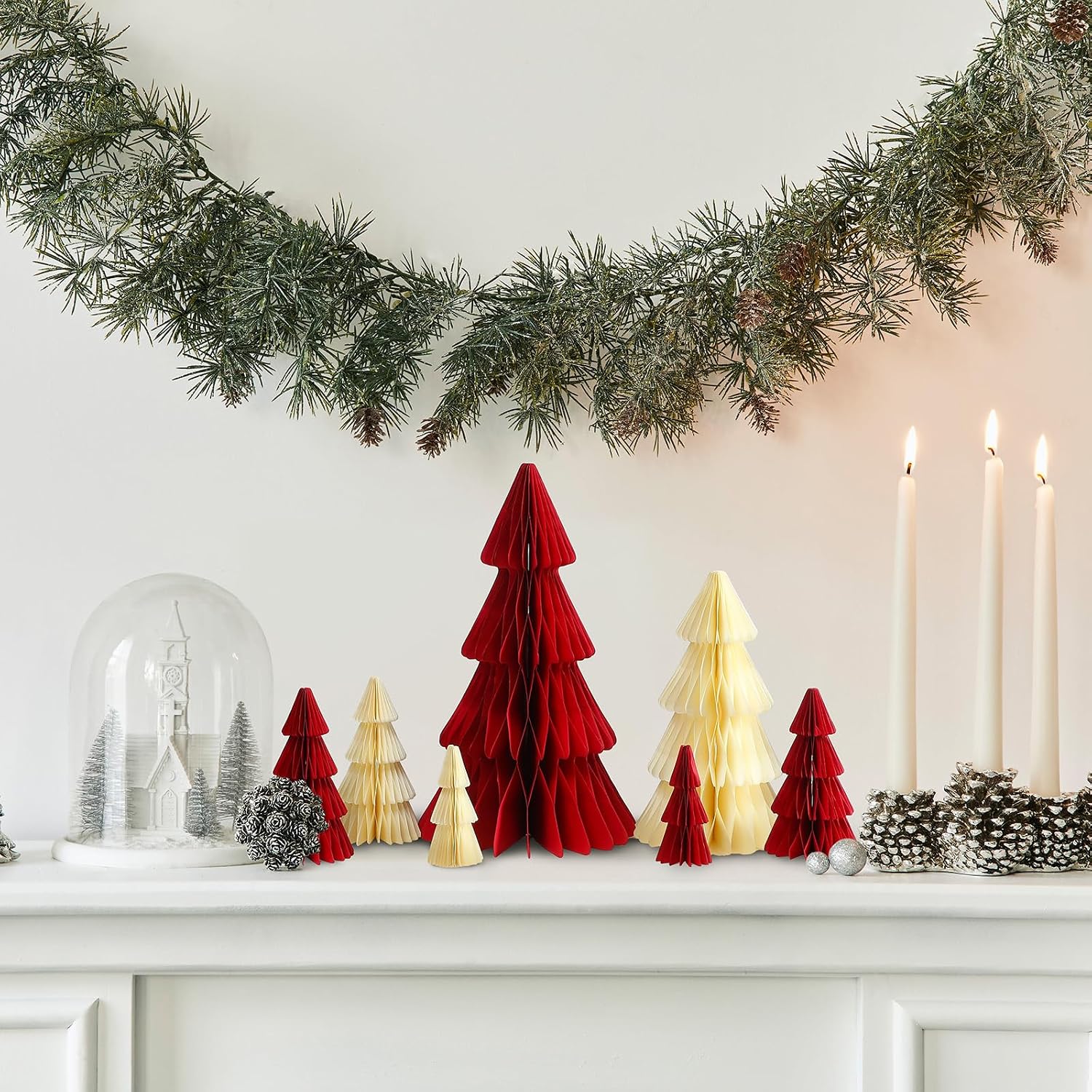 Cinnvoice 7 Pcs Red Christmas Tree Honeycomb Centerpiece Minimalist 3D Paper Trees Centerpiece Neutral Modern Christmas Decor Rustic Reusable Xmas Paper Table Decoration for Xmas Winter Home Decor