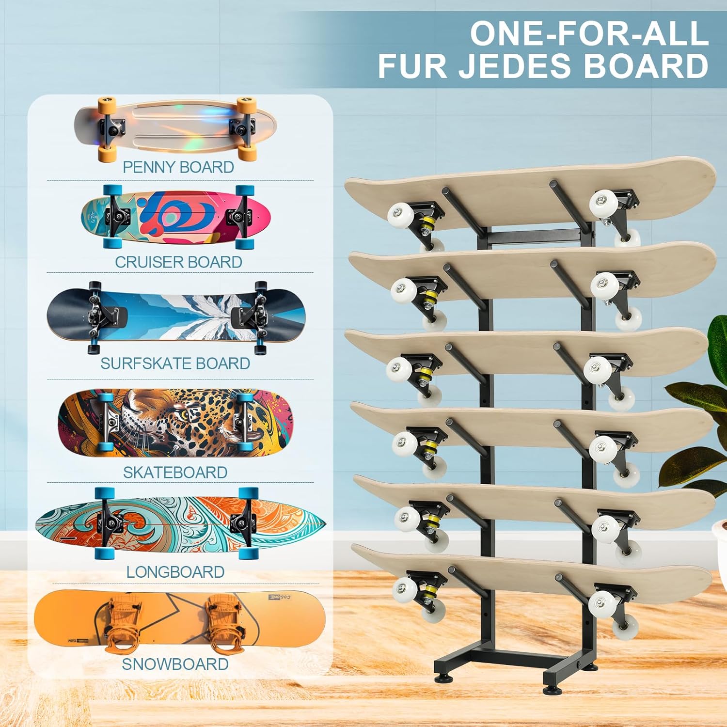 BiJun Skateboard Racks Floor Stand, 6-Layer Skateboard Wall Mount,Snowboard Storage Rack, Skateboard Organizer Floor Stand for Deck, Longboard, Snowboard, Standard Skateboards, Mini Cruiser Skateboard