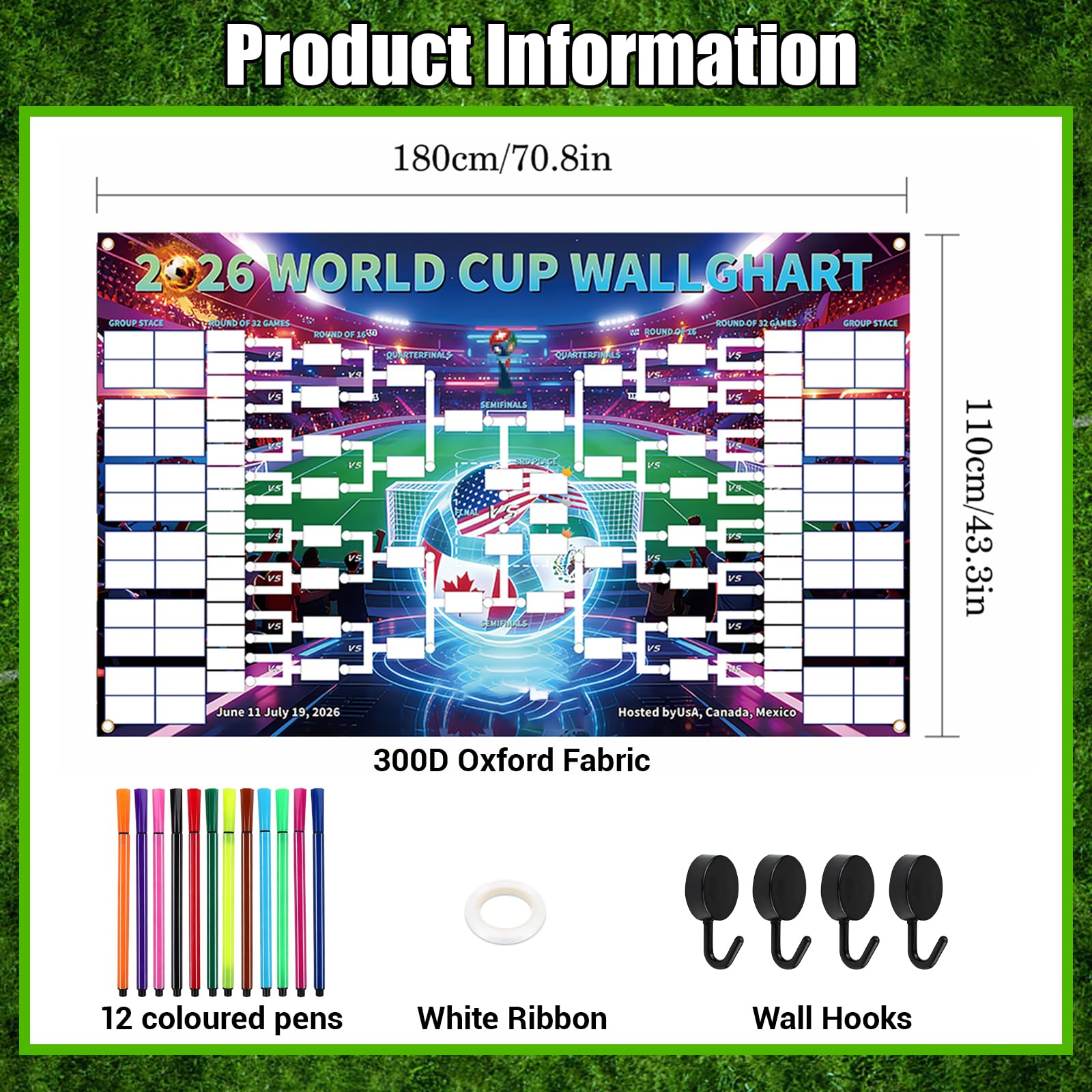 180 * 110cm Poster con il calendario dei Mondiali Calendario 2026 Poster Della Coppa Del Mondo Per Gli Appassionati Di Calcio E Feste Ganci inclusi