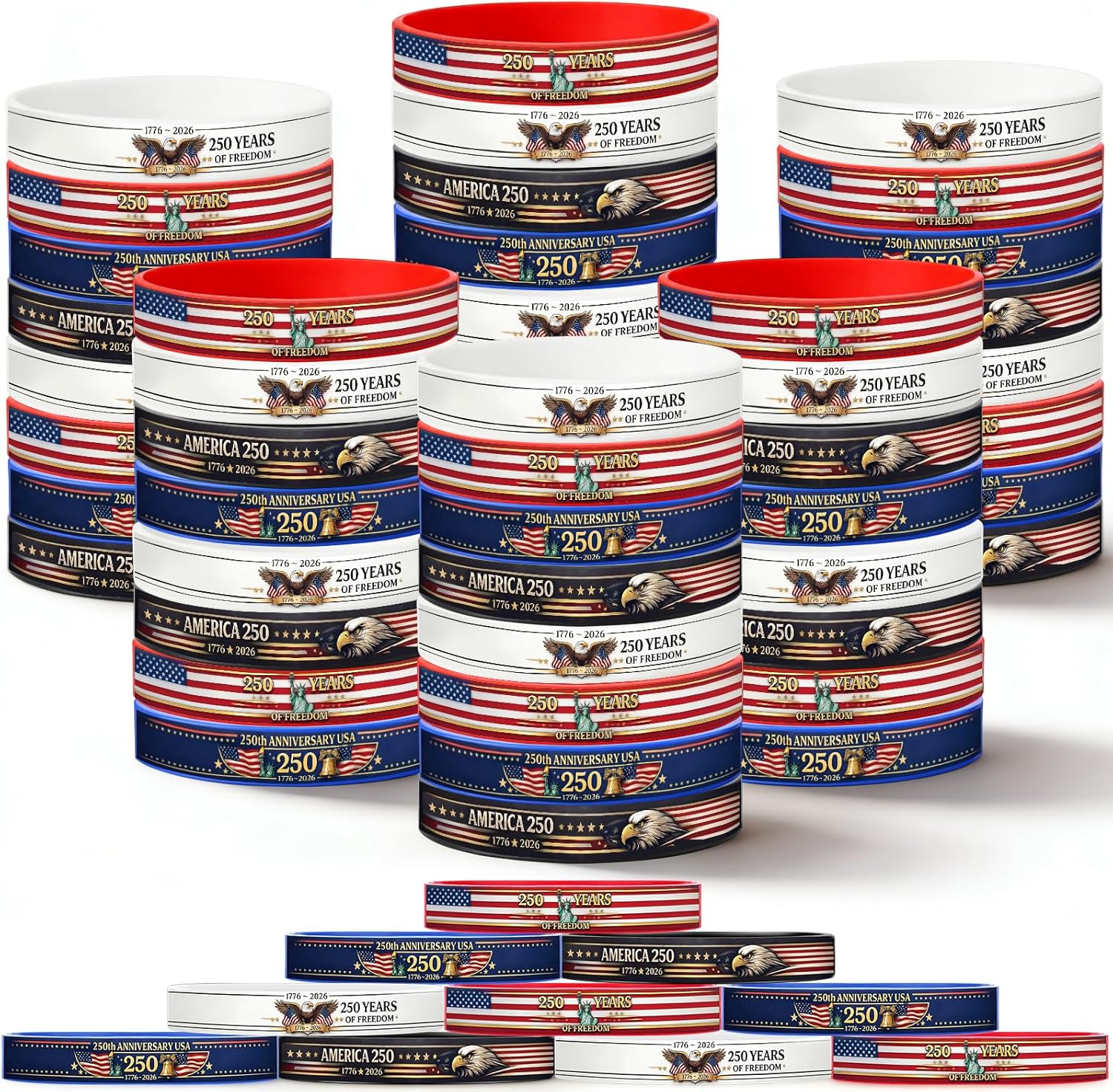 48 Pcs 250th Anniversary Silicone Bracelets, America Patriotic USA Rubber Wristbands, 1776-2026 American Flag Independence Day July 4th Celebration Gifts, 4 Designs, Adult Size 210x12mm