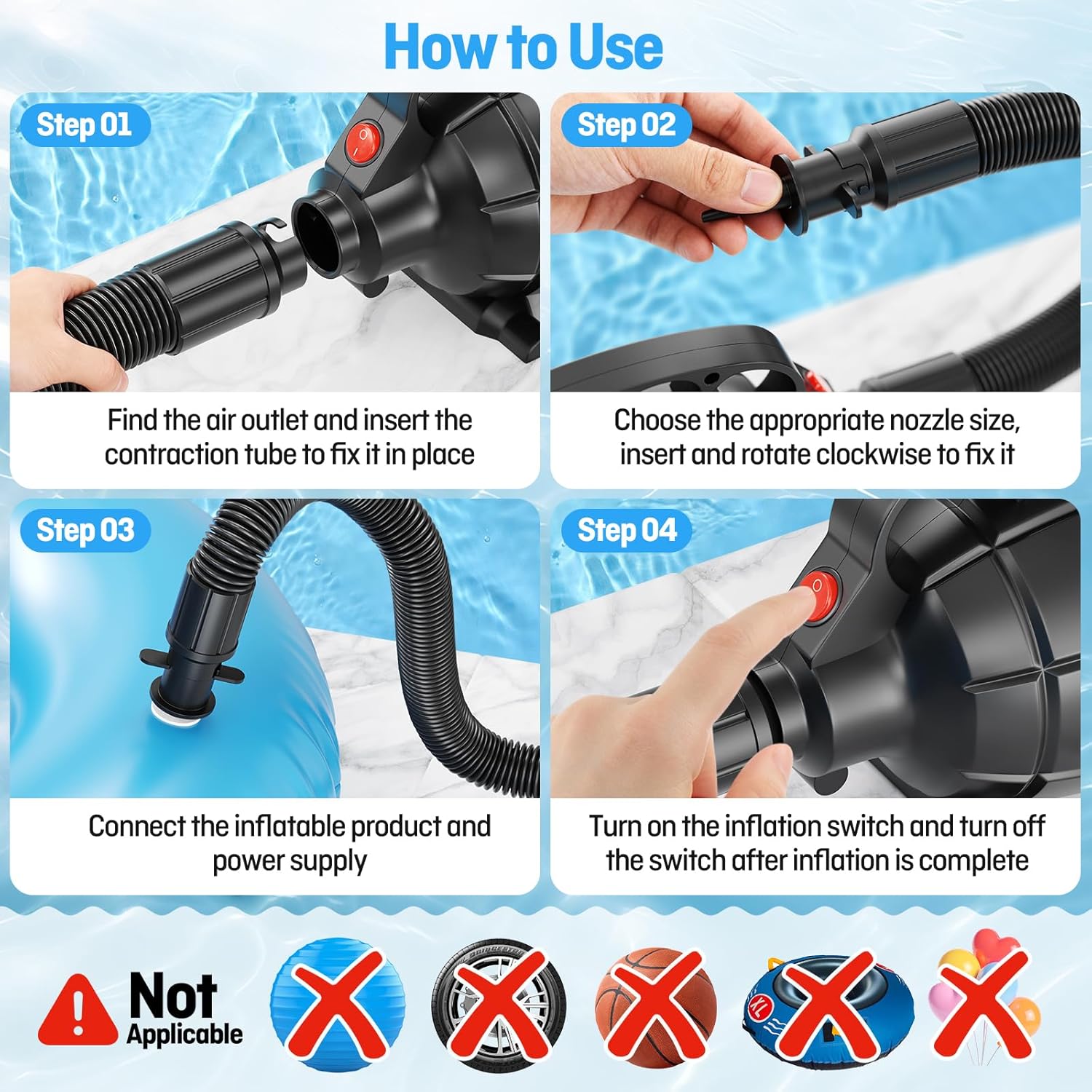Electric Air Pump for Inflatables, Portable Air Pump with Storage Bag, Quick Inflator/Deflator Pump for Air Mattress Pool Floats Dock- 4 Nozzles, AC 110-120V (500W)