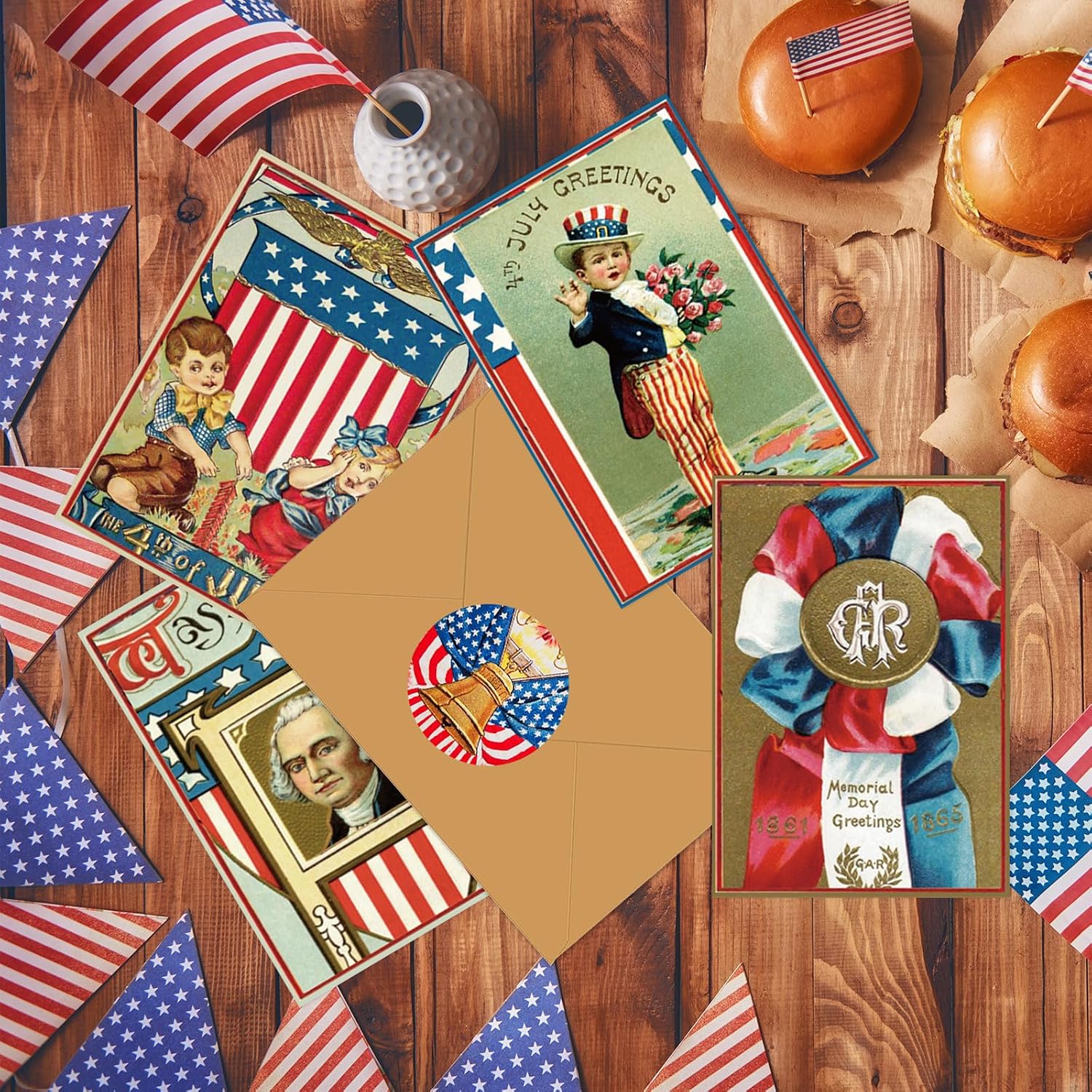 Whaline 36Pcs Retro Patriotic Greeting Cards 4th of July Vintage Note Card with Envelops and Adhesive Stickers for Independence Day Party Favors Classroom Home Office Supplies, 9 Designs