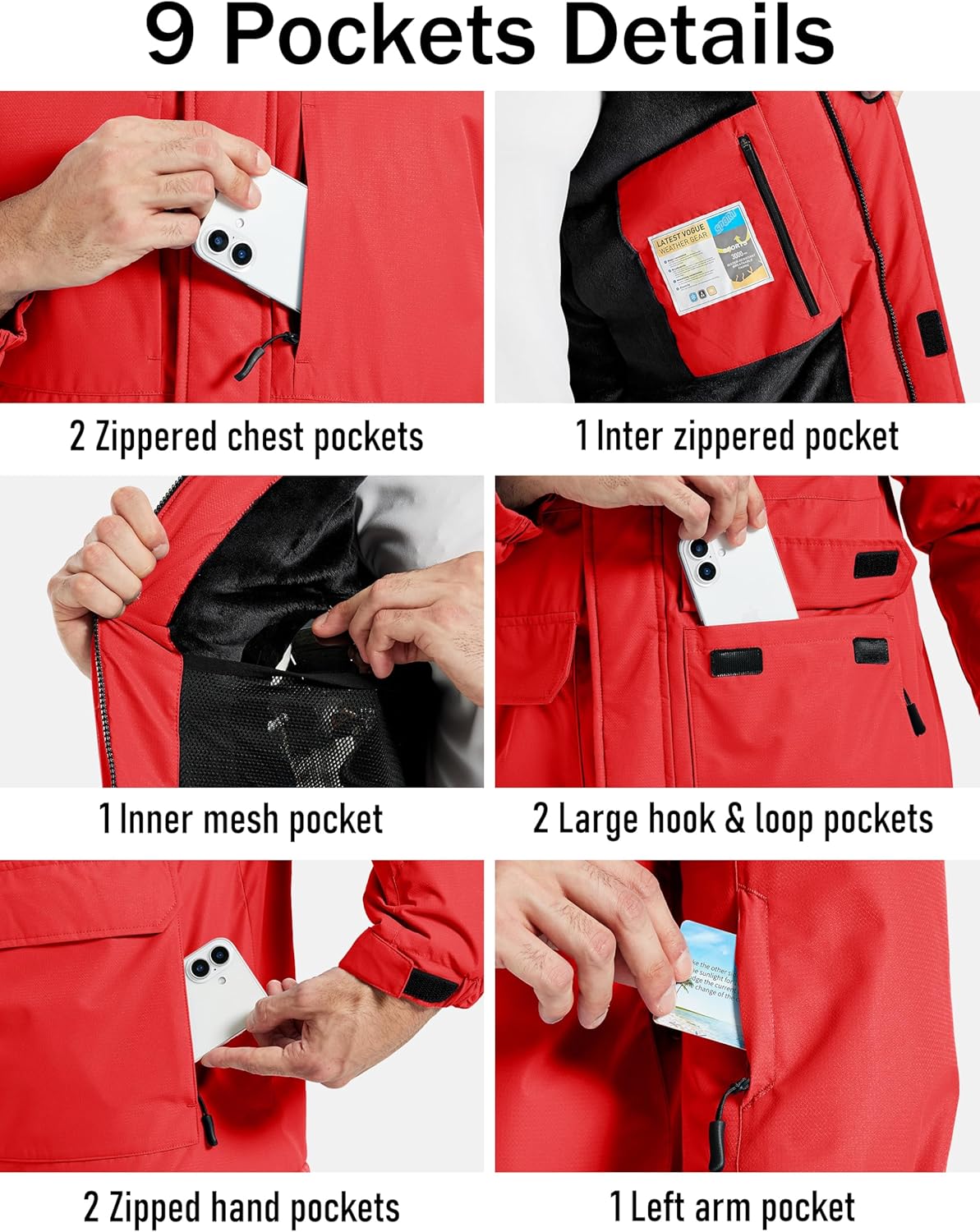 MAGCOMSEN Men's Winter Coats Ski Snow Waterproof Jackets Fleece Warm Snowboard Hooded Jacket Parka Raincoats 9 Pockets