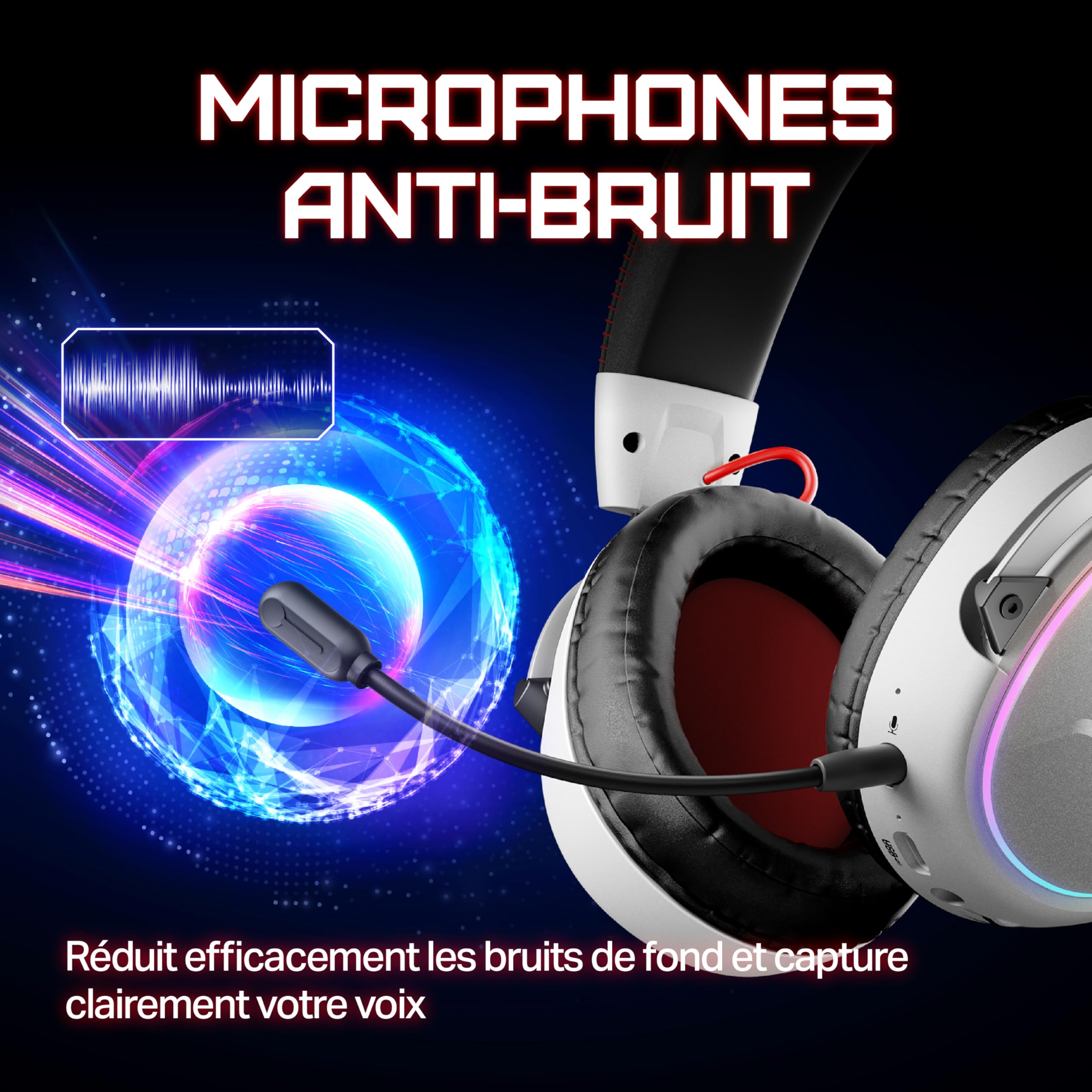 OXS Storm G2 Casque Gaming sans Fil, Son Ambiophonique Virtuel 7,1, 3 Modes d'égalisation, Faible Latence 2,4 GHz, Pilote de 50 mm, Autonomie de 40 Heures, Bluetooth 5.3, pour PC, Console, Blanc