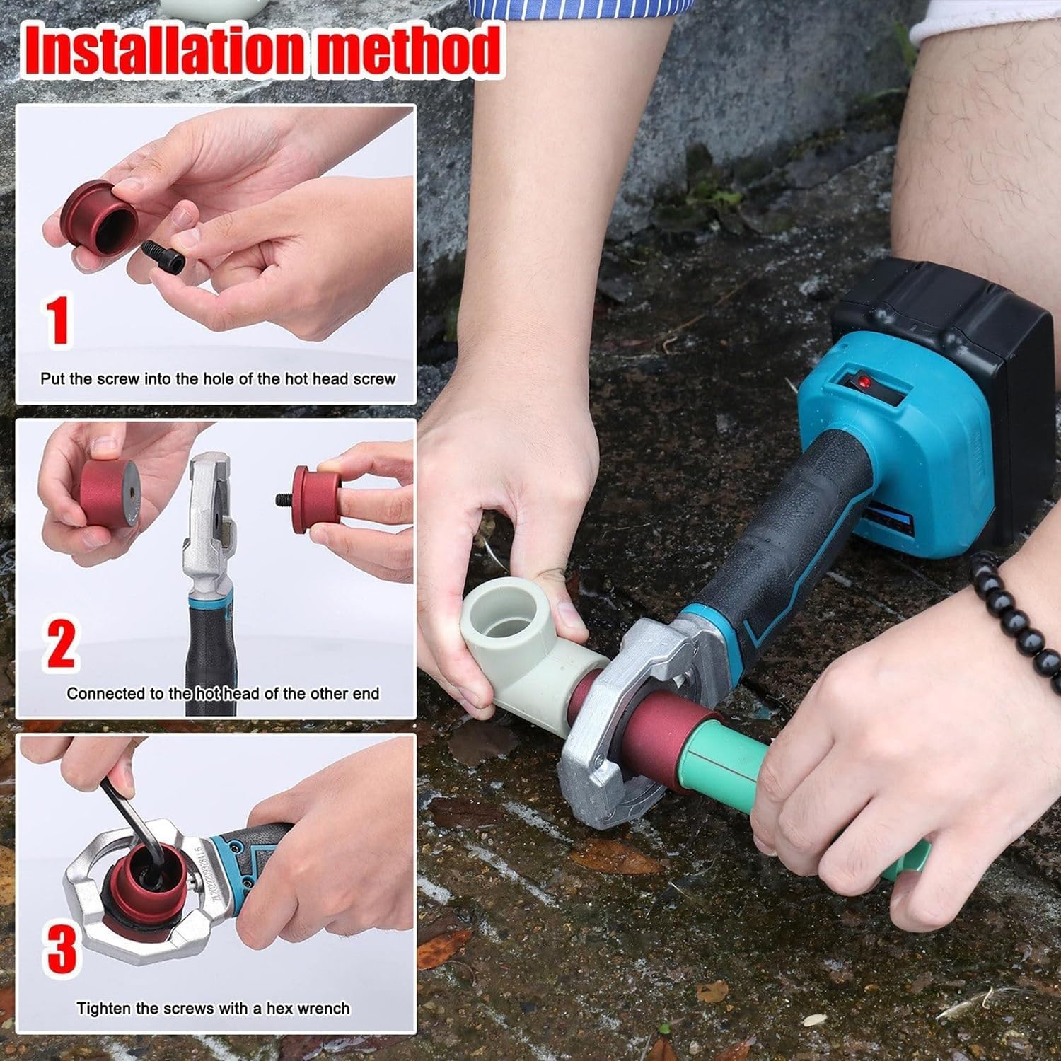 Kit per saldatura a fusione portatile senza fili, 6 testine, controllo della temperatura 200-340 ℃ per installazione di tubi PPR PE HDPE