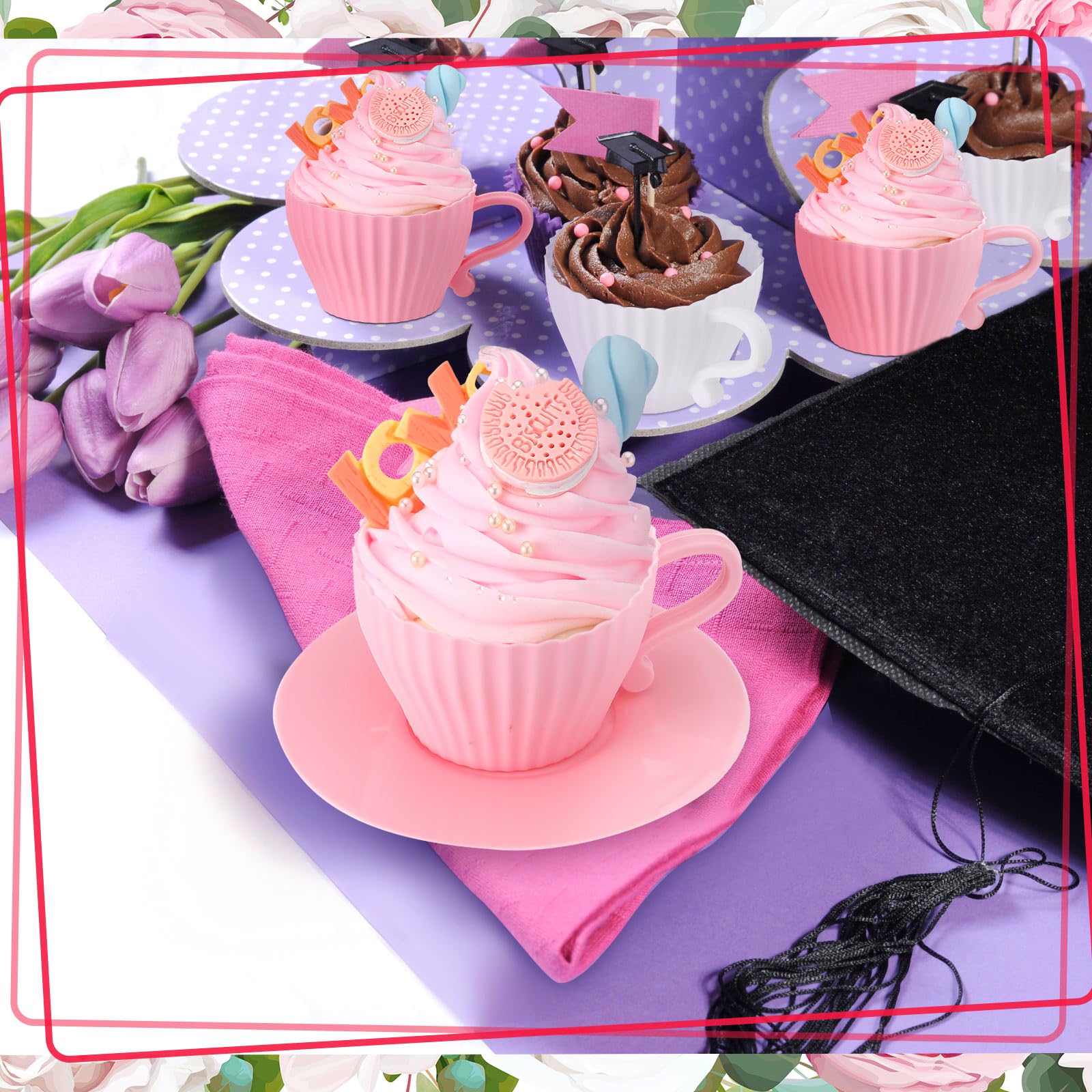 Vesici 12 Silikon-Muffinförmchen zum Backen, Silikon-Cupcake-Formen-Set, Teetassen-Cupcake-Förmchen, wiederverwendbare Muffinförmchen, Teetassen-Cupcake-Backförmchen, 12 Tassen, 12 Untertassen, Weiß