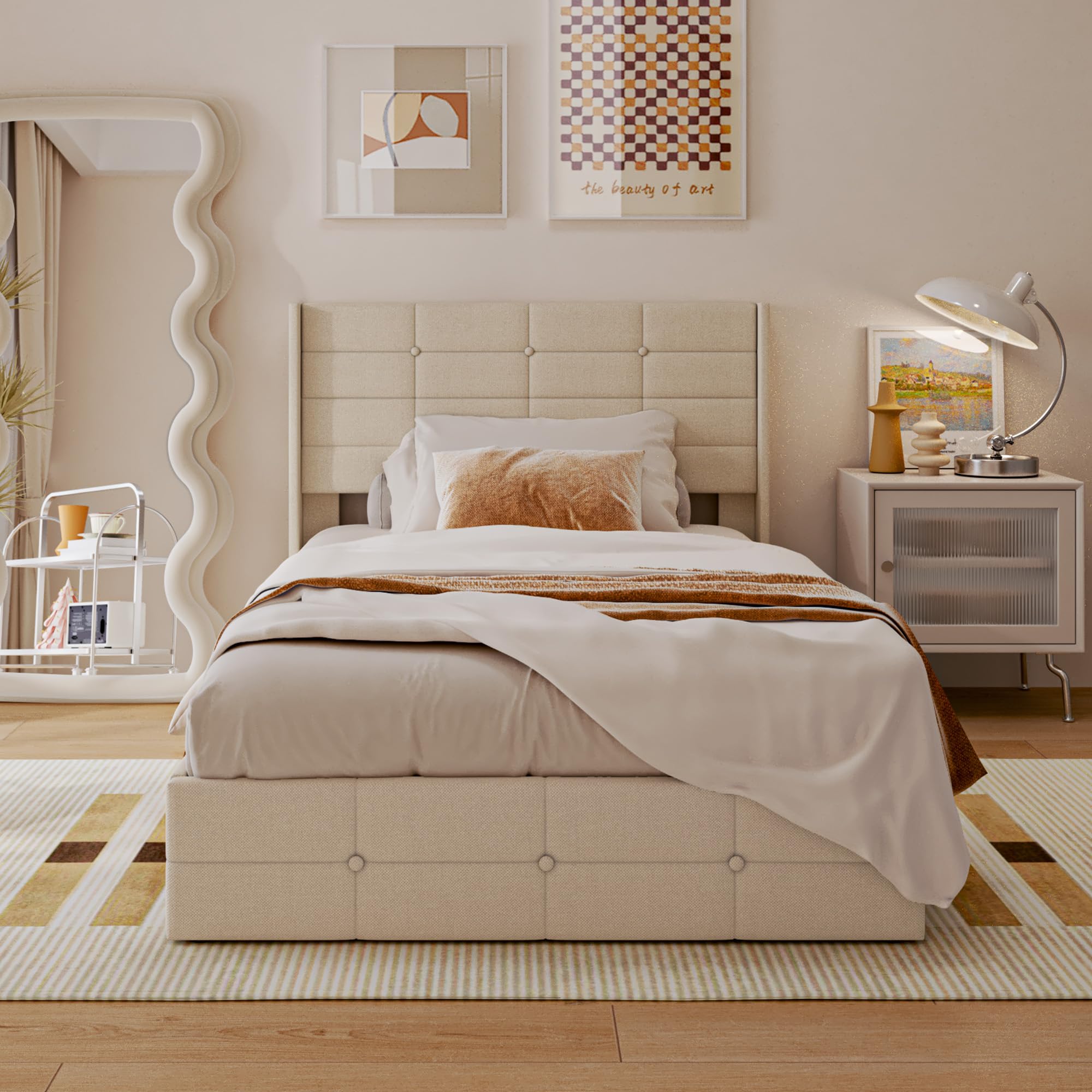 Letto contenitore idraulico 140 x 200CM, letto matrimoniale imbottito con testiera e contenitore, giroletto con rete a doghe, letto per ragazzi, senza materasso (Beige, 120X200)