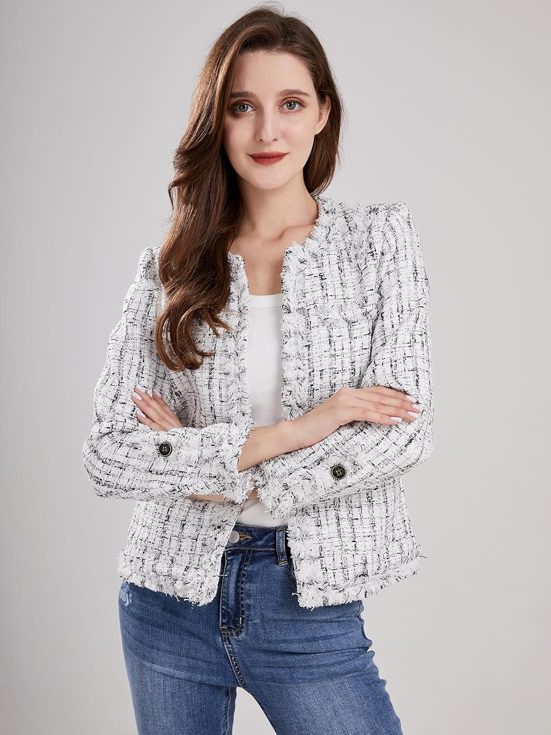 Women's Collarless Plaid Tweed Blazer Elegant Open Front Fringed Casual Business Glitter Jacket - Image 2
