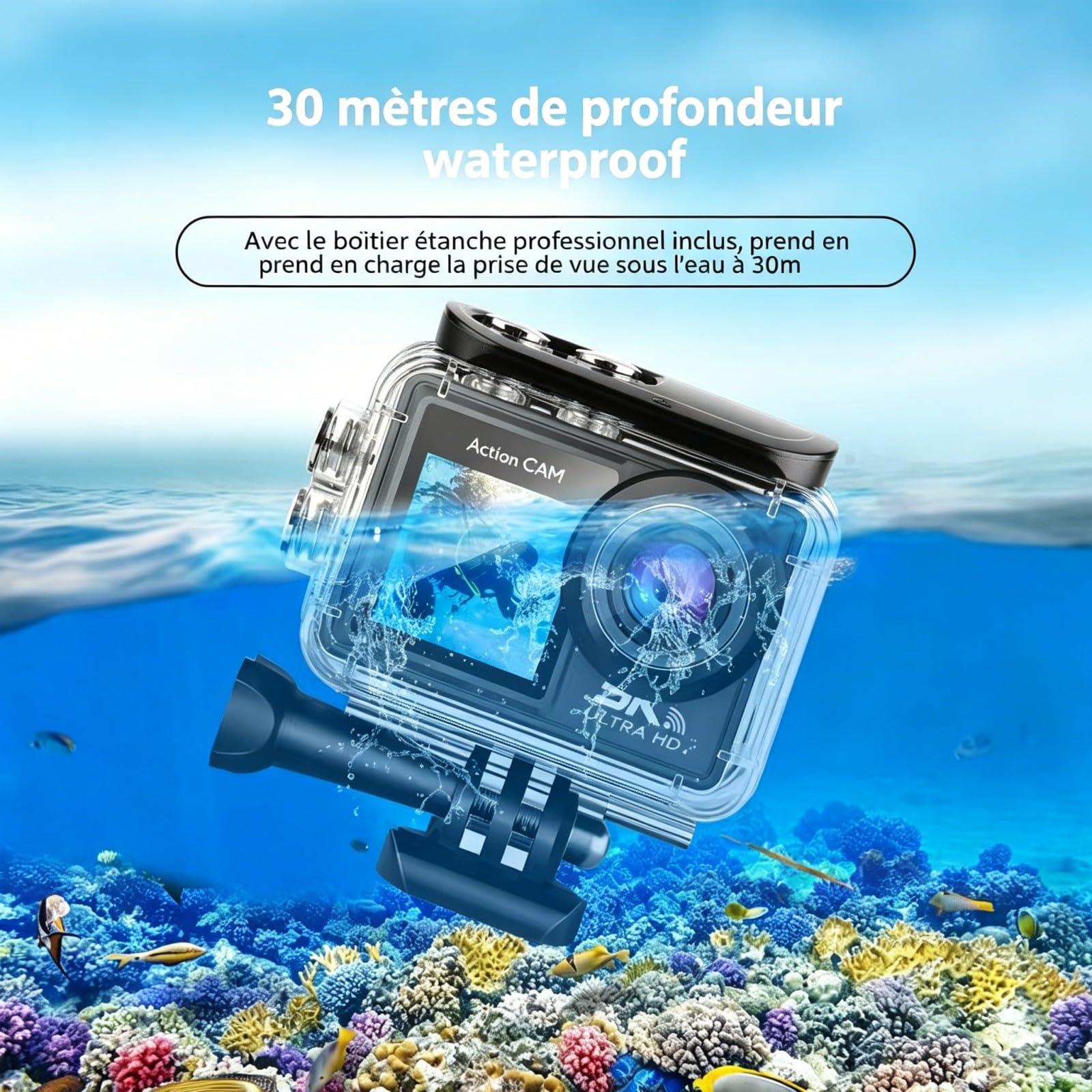 Kersens Caméra Sport + 64gb Memory Card, Caméra Étanche IP68 Vidéo 5K Grand Angle avec Double Écran (Grey,64G)