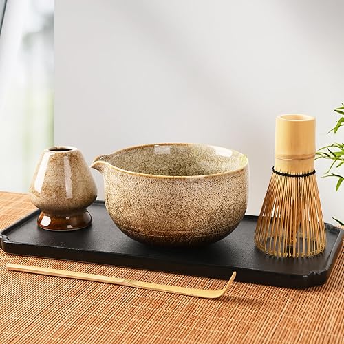 Miniatura 6 de Juego de té matcha japonés, cuenco de cerámica con boquilla, incluye soporte para batidor de cerámica hecho a mano, batidor de matcha (Chasen) y
