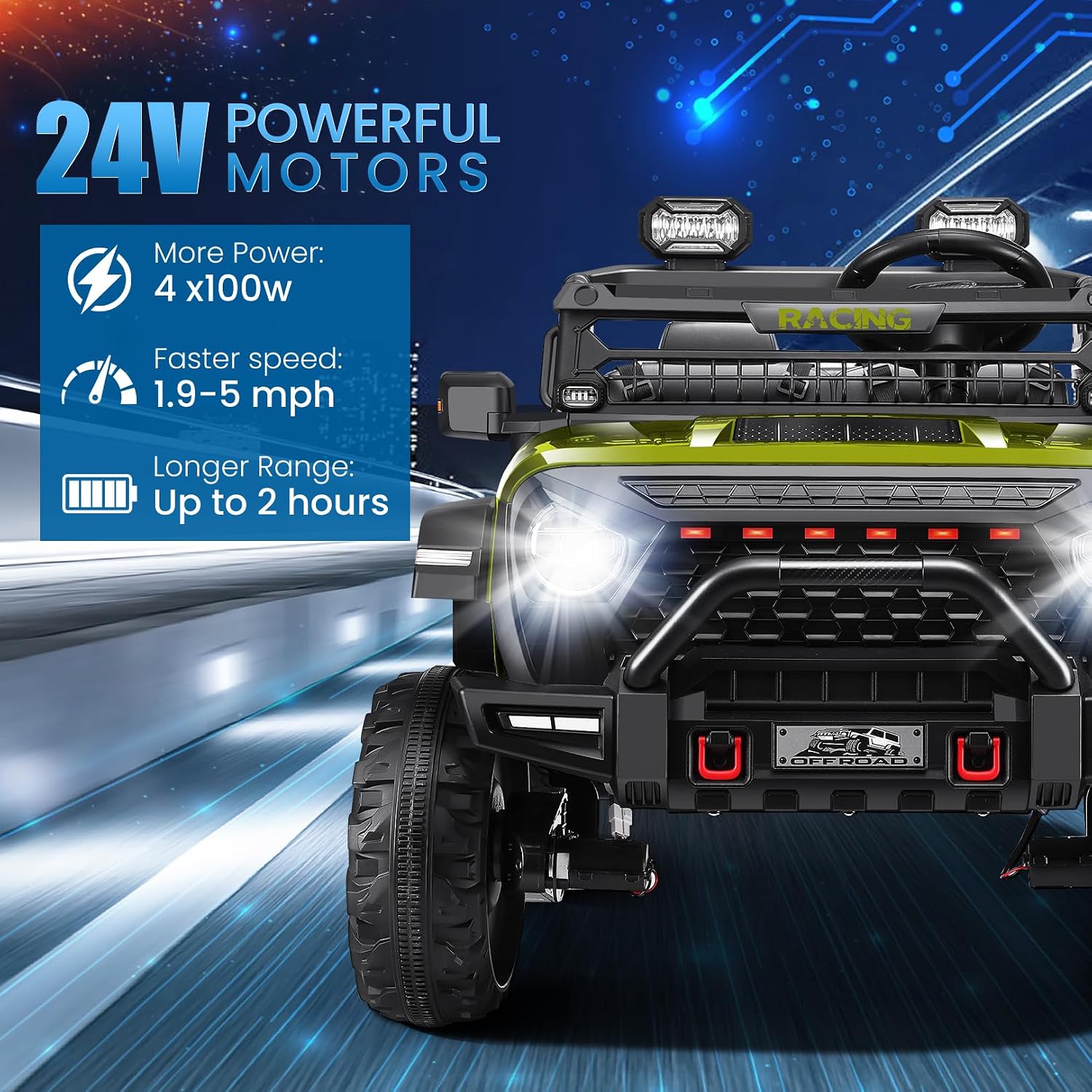 Hikole 24V Ride on Toys for Big Kids, 2 Seater 9AH Electric Car with Remote Control, 4×100W Power Motors, 20in Wide Seat, 5Mph Max Speed, Soft Start, Led Lights, Music & Horn, Easier Towing, Green