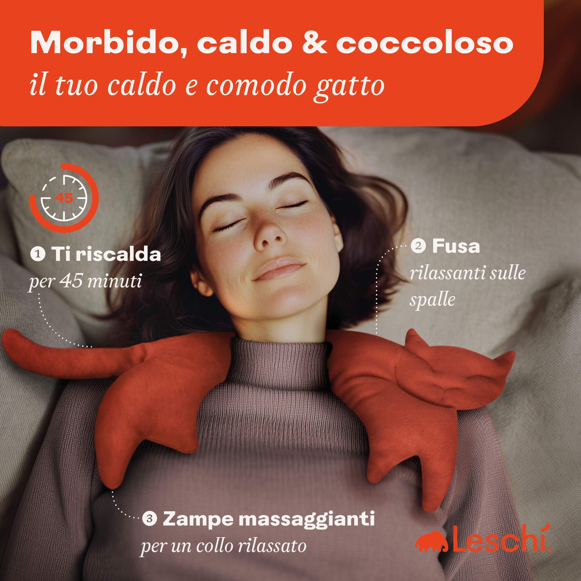 LESCHI Cuscino cervicale termico per microonde - In cotone bio con grano biologico - Cuscino riscaldante ideale per sciogliere tensioni a collo, spalle e schiena - Gatto, rosso