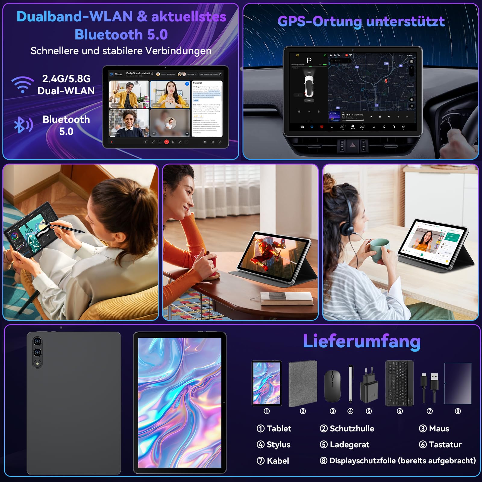 11 Zoll Tablet mit Tastatur｜Android 16 mit Gemini AI｜32GB RAM + 128GB ROM (1TB TF) 1920*1200 FHD 90Hz Display｜ Unisoc T7250 Octa-Core｜8MP+16MP Duale Kamera｜ Face ID｜ Widevine L1｜ 8000mAh｜GPS （Grau)