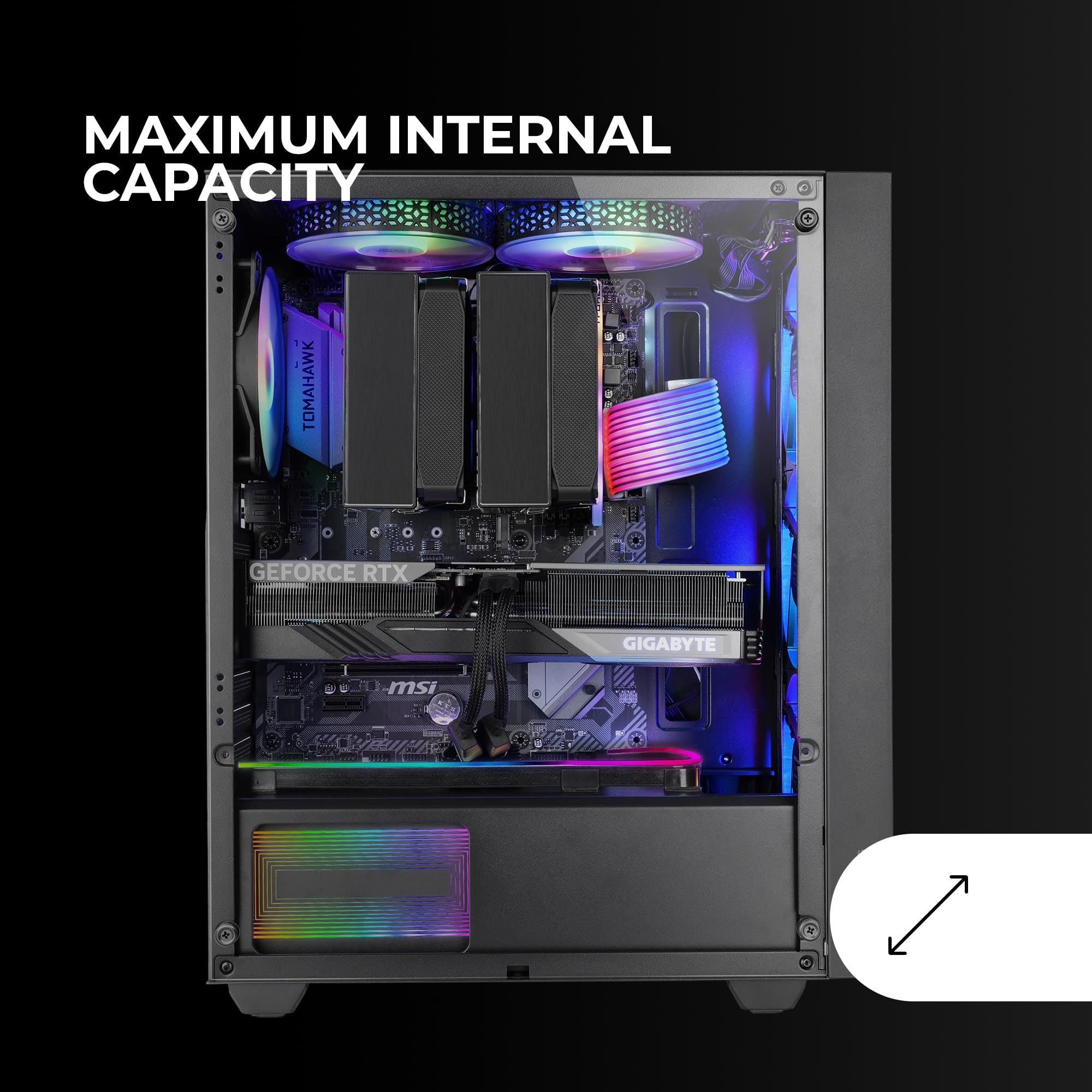 MARSGAMING MC-AIR, Case Gaming ATX, 4x Ventole FRGB Rainbow 120mm, Pannello Frontale Mesh, Finestra Laterale in Vetro Temperato, Semitorre PC Doppia Camera, Supporto Raffreddamento a Liquido, Nero