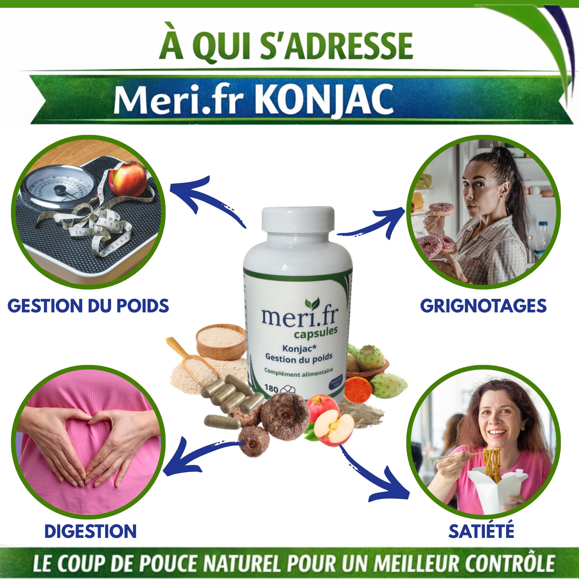 Meri.fr Complément Alimentaire Konjac Glucomannane, Fibres Naturelles, Vegan, Sans Gluten, 180 Gélules Végétales - lot de 2x180 capsules