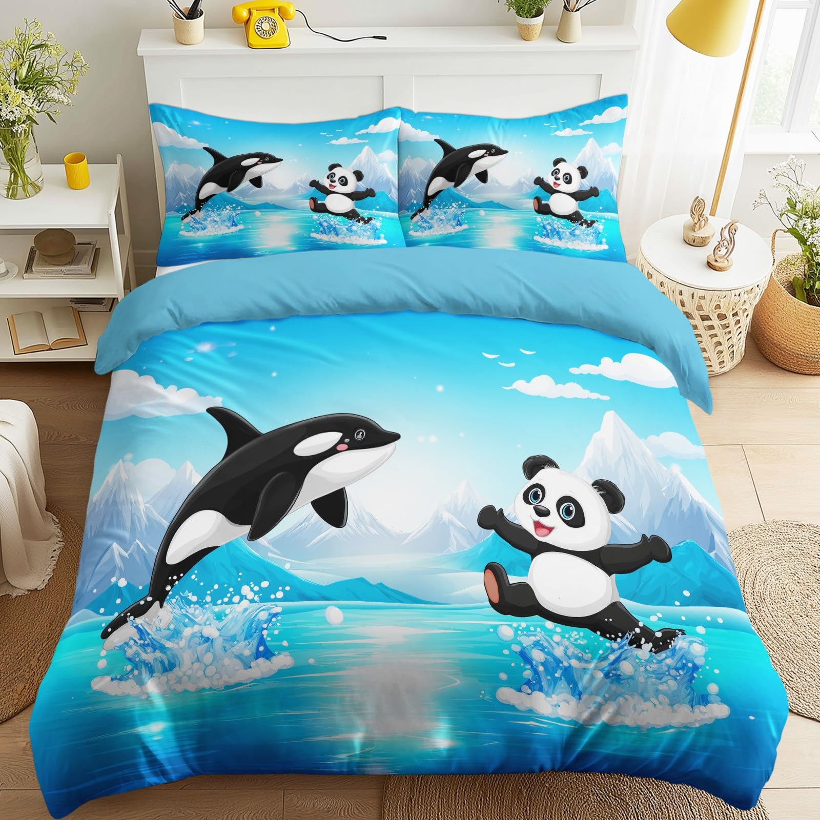 Generisch Cartoon Fun pościel 220 x 240 cm, przygoda, natura, krajobraz, panda, wieloryb, zestaw pościeli z mikrofibry, z zamkiem błyskawicznym, zawiera 1 poszewkę na kołdrę i 2 poszewki na poduszkę